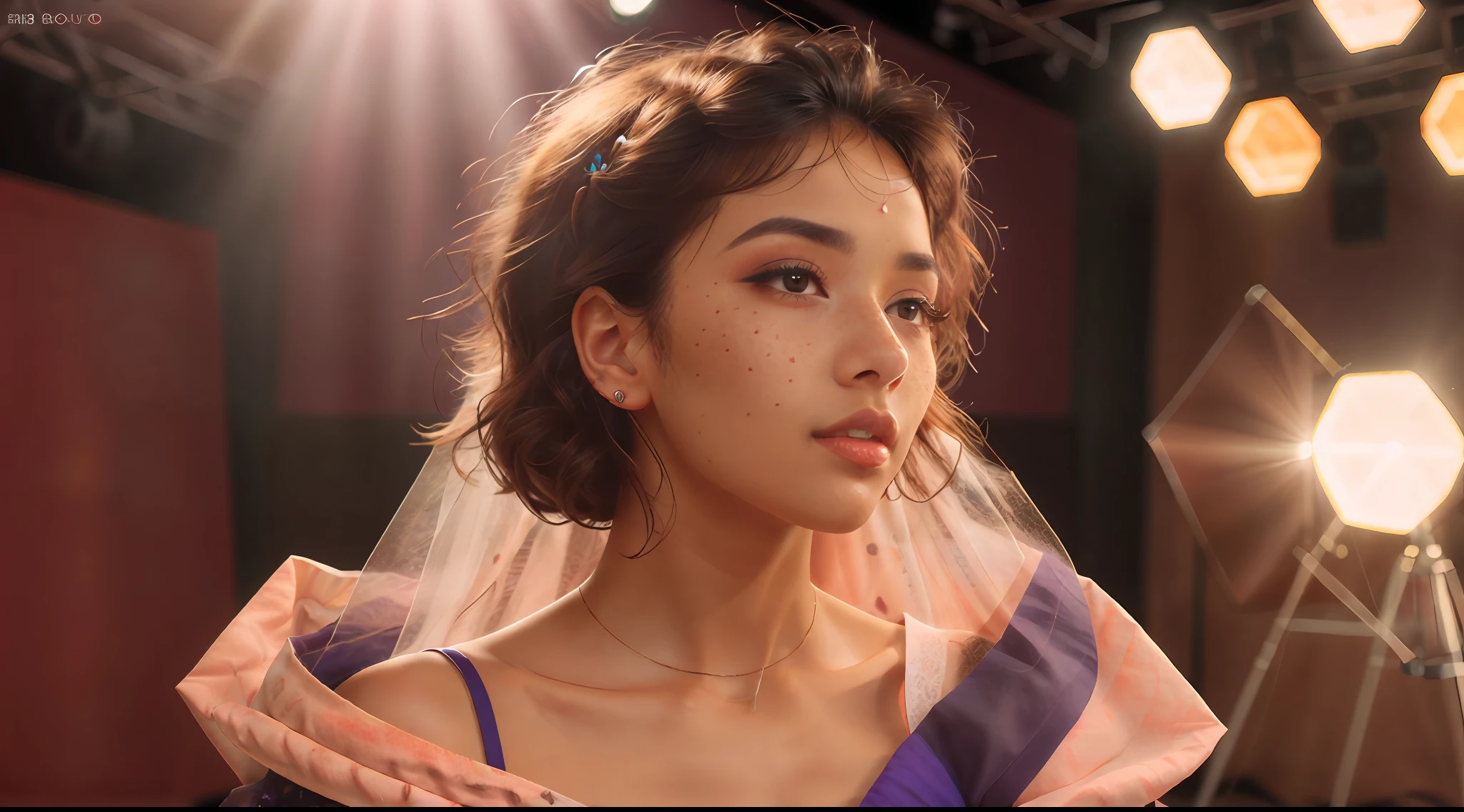 a photo close-up of a beautiful (((African))) black haired woman with freckles, fashion editorial, studio photography, magazine photography, pointed nose, wearing pink and purple colors, stunning, elegant, 8k, intricate, hyperdetailed, HD, blurry background