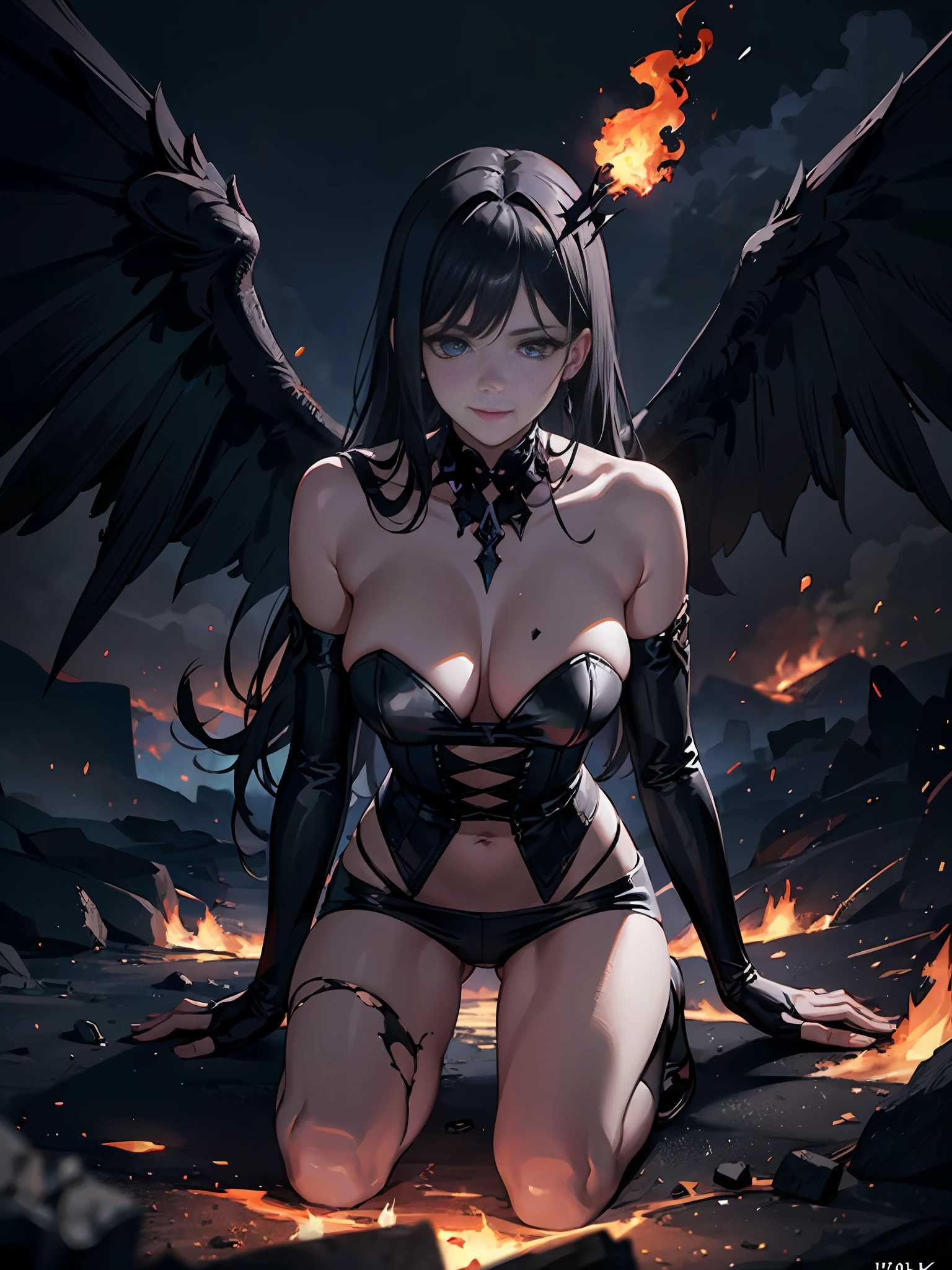 Beautiful woman, black hair, fallen angel on her knees, big black wings in the upper back, 8k, ultra realistic, apocalyptic landscape, very dark atmosphere, hell, lava, fire, evil, ((cracked skin on fire)), evil smile, sparks