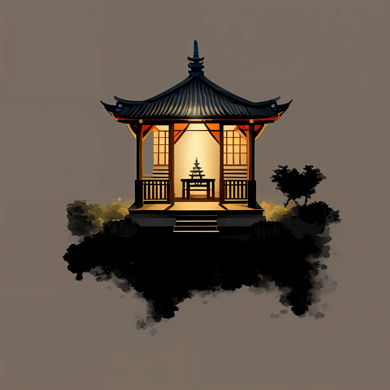 there is a small gazebo with a bench in the middle of it, digital painting of a pagoda, zen temple background, inspired by Tōshi Yoshida, chinese watercolor style, serene illustration, calm night. digital illustration, inspired by Yoshida Hanbei, inspired by Shūbun Tenshō, background depicting a temple, temple background, japanese house