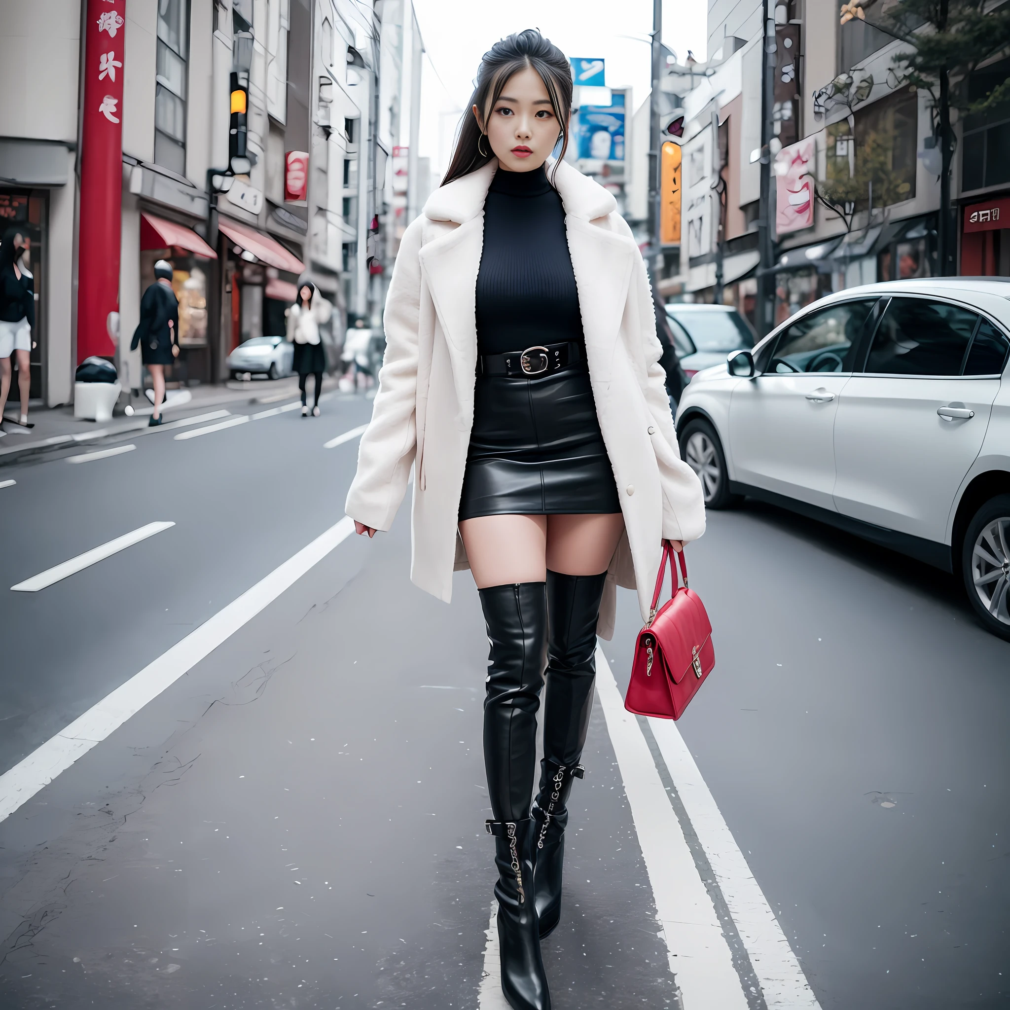A woman in a white top and black boots standing on the street, Chinese female fashion model, white fluffy clothes, short skirt and long jacket, Japanese city street fashion, black pink Rosan Park, she wears streetwear, Japanese street fashion, Tokyo fashion, street dress woman in jacket and skirt, street fashion, Harajuku street fashion, beautiful woman walking in the wind, black gloves, over-the-knee red boots, tall, long legs, perfect body proportions, thin waist, black suspender stockings, tall, Slender body, nine-headed body, big eyes, beautiful and exquisite face, perfect body details, perfect body proportions, perfect visual proportions, fashion shooting, glamorous, feminine, delicate, highlighting female curves, subtext: sexy, confident. Chinese woman --auto --s2