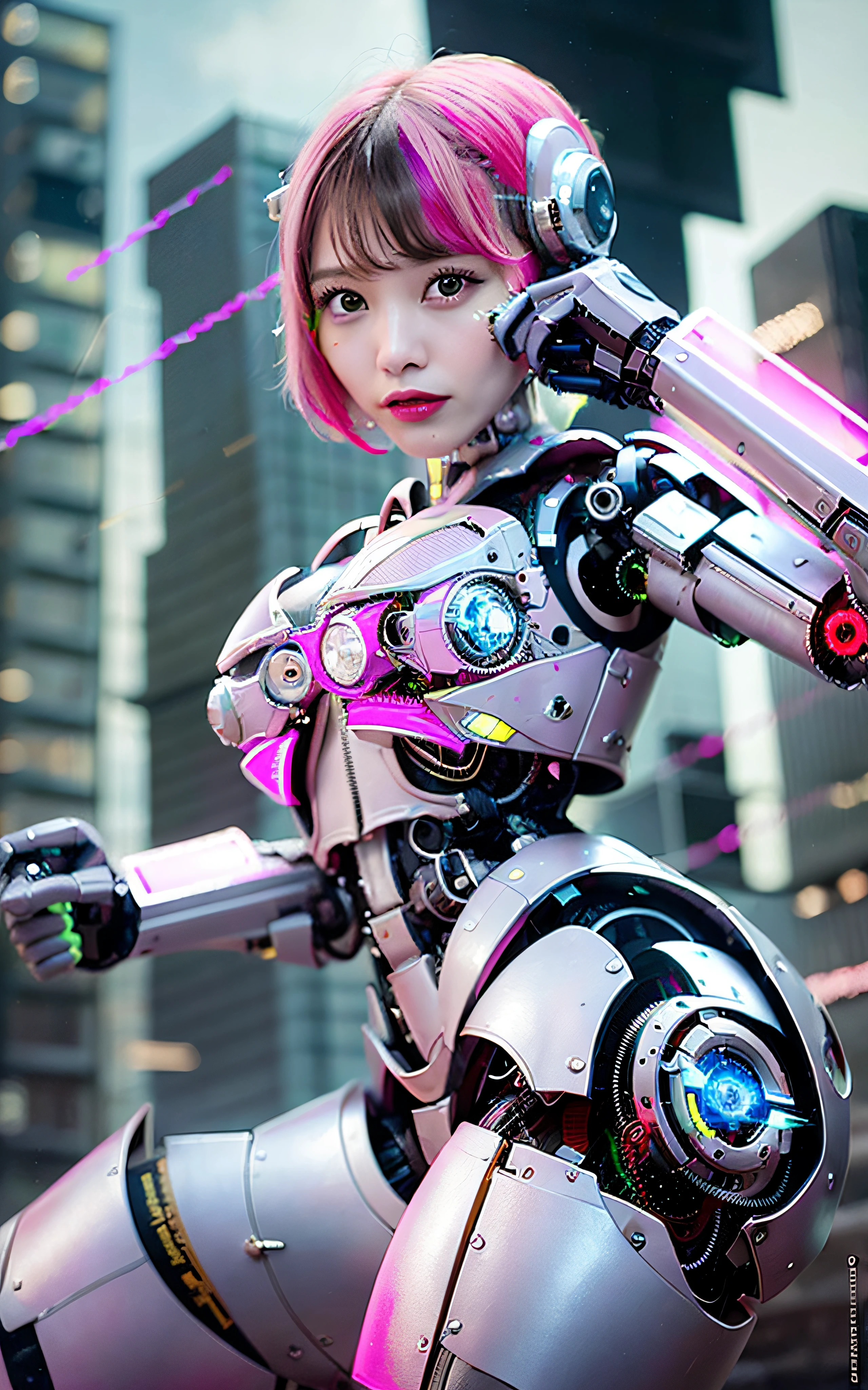 1girl, japanese girl, solo, bright pupils, turquoise eyes, puffy eyes, air bangs, (((pink hair, light pink hair, light hair, short hair, bob hair))), (freckles:0), naughty expression, pale skin, thighs open, seductive face, naughty face, slow motion, ((abs:0.0,mole:0.0)),
(((cyborg:1.4))), cyborg girl, cyborg armor, cyborg clothing, wide-eyed, eyeshadow, eyeliner, (((floating hair))), (((dynamic pose, martial arts, dynamic angle))), close-up, fighting stance, fighting pose, run forward, running, looking at viewer, pov, female focus, cinematic still shot of 1 woman, warrior , 35mm film, (film grain), film noise, cyberpunk dark sci-fi, fog, haze, smoke, volumetric, dramatic lighting, lens flare, kodak vision 3,
(golden metallic color | red metallic color | blue metallic color), (((Metallic luster, metal reflective, mechanical details, extremely mechanical details, complex mechanical structure, Mirrored Power Armor))), ((blade equipped on the arms)), martial arts, roundhouse kick, flying kick,a lot of robots, a lot of cyborgs,
Cyberpunk city in the sky, Cyberpunk Castle in the Sky,abandoned robots, corpse, A lot of electrical waste, battlefield, mechanized background, SALEM, outdoors, cinematic lighting, Cyberpunk world. Cyberpunk metropolis, neon, Sci-fi style, sfw:1.98,