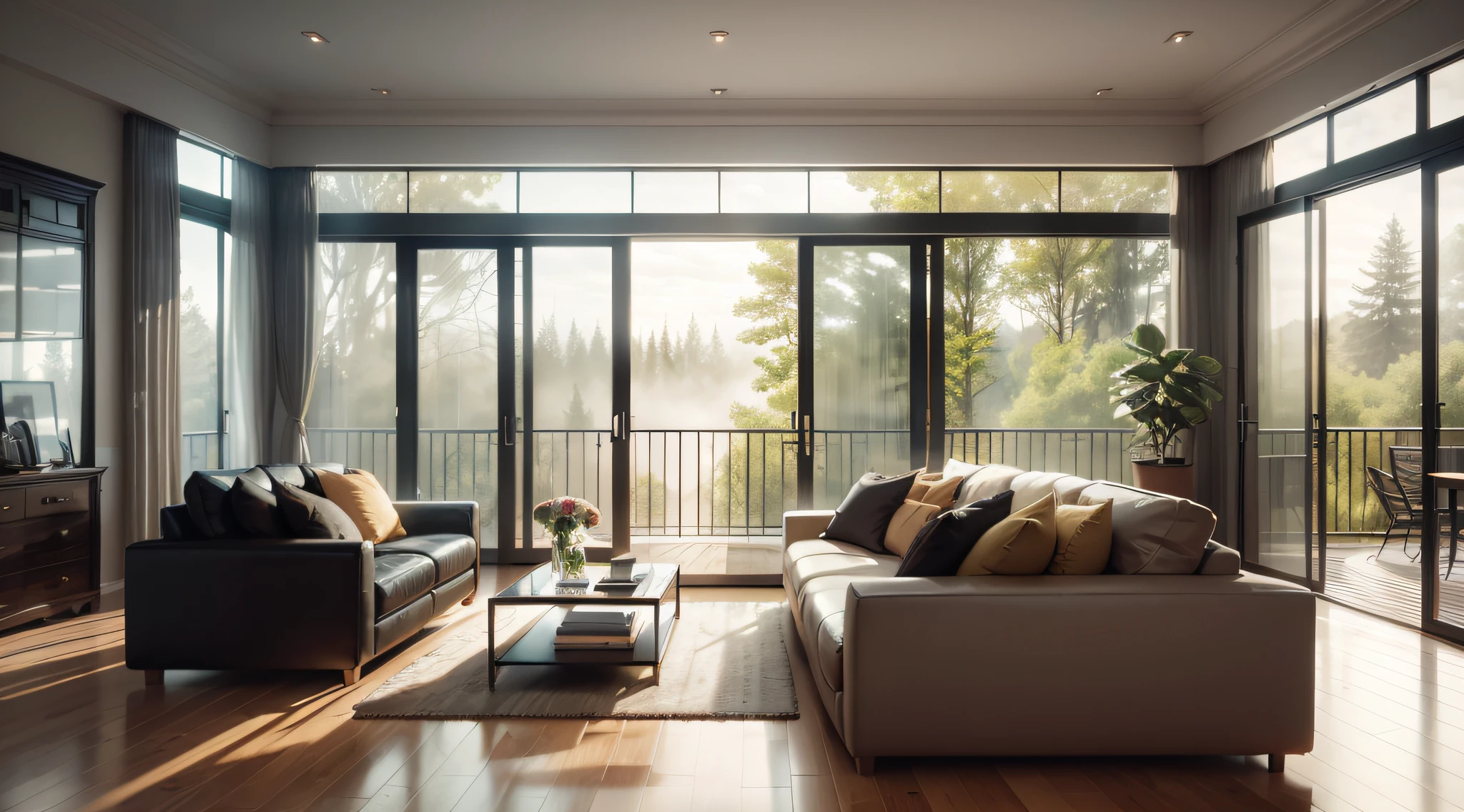 Aalfid view of living room with large windows, rainy forest full of fog, expansive floor-to-ceiling windows, large glass windows, living room, sofa, coffee table, hyper-realistic rendering, expansive view, surreal rendering, award-winning digital rendering, photorealistic rendering, award-winning rendering, panoramic widescreen view, ultra-realistic, 8K ultra-high definition resolution , indoor living room, (large floor-to-ceiling windows)