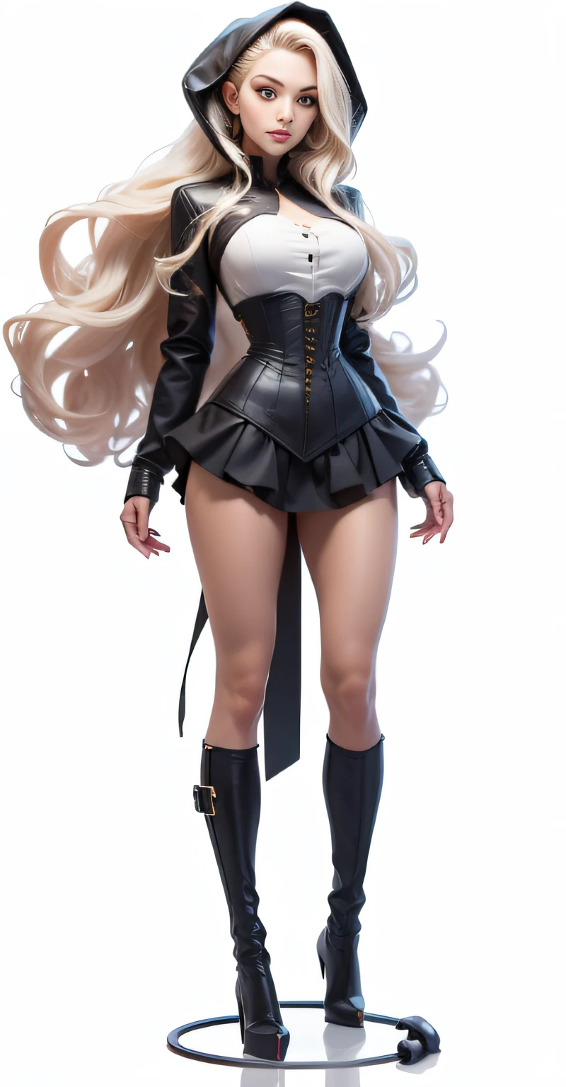 3dmm,mj3d,masterpiece, 1woman, skinny, ultra-realistic, wet hair, (face: dry, beautiful, cute, clear, detailed, squint eyes, looking straight at viewer, suspicious, pale lips), head is up, chin is up, long eyelashes, natural body proportions, (thin thighs), perfect body shape, perfect legs, (thin hips), perfect nails, high detailed, 8k, ultra details, long hair, transparent blouse, high heels, (skirt: extended to the knees, grey, leather, loose), corset, (transparent jacket:short), outdoor, autumn, full body, heavy rain, heavy wind, storm, transparent coat, transparent hood, grey transparent tights with pattern, busy background, megalopolis,..