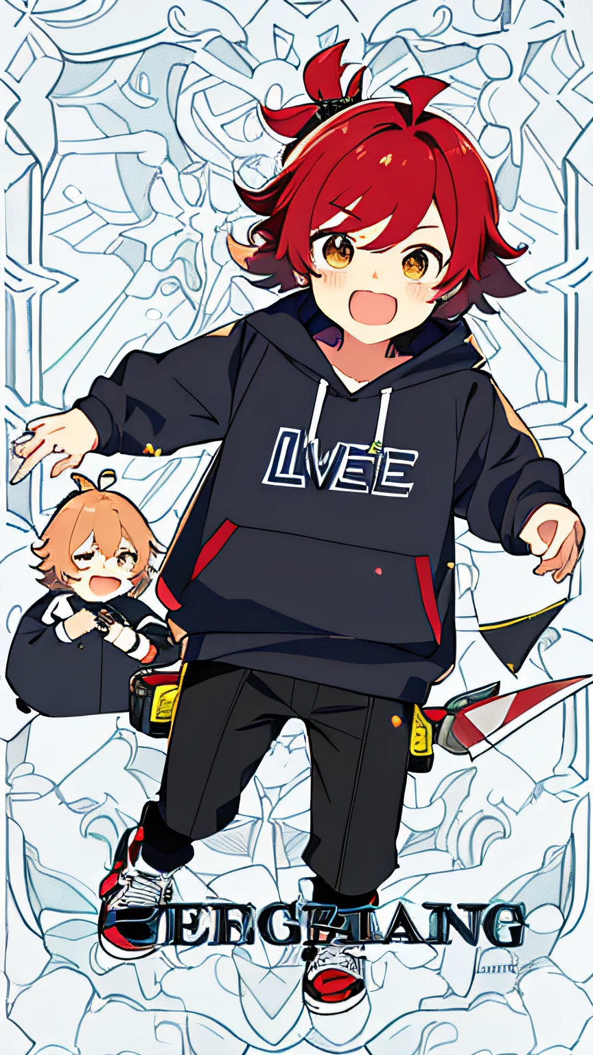 Redhead, 1.87 meters, small Shota, male, yellow sweatshirt (with the word "Wee~ Chat" on the front, "Love is F**king die" on the back), double-layer compression pants (short inside and outside, tied in shoes), holding a short knife, 16 years old, cute, not so mature, front and back drawings (similar to game character setting design drawings) white background outside the character (maximum exposure), hairstyle a little messy (see Genshin character Wei's hairstyle, but to be red), Shotai head style should be normal!! Laugh cutely!!