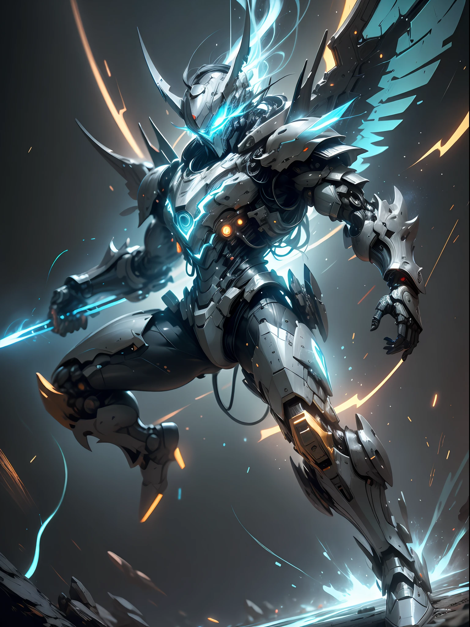 Blue Ghost Hunter, super cool Ghost Killer, has huge mechanical wings, wears blue mechanical armor, lightning surrounds, holds a katana, comes with great momentum, frontal perspective, perfect body proportions, full body photo, super detail, realistic, shiny, reflective, bioluminescence, galactic cybernetic mask, mecha, (executioner: 1.2), cape, SH4G0D, GlowingRunes_red, full body, movie, dark background, backlight, high contrast,