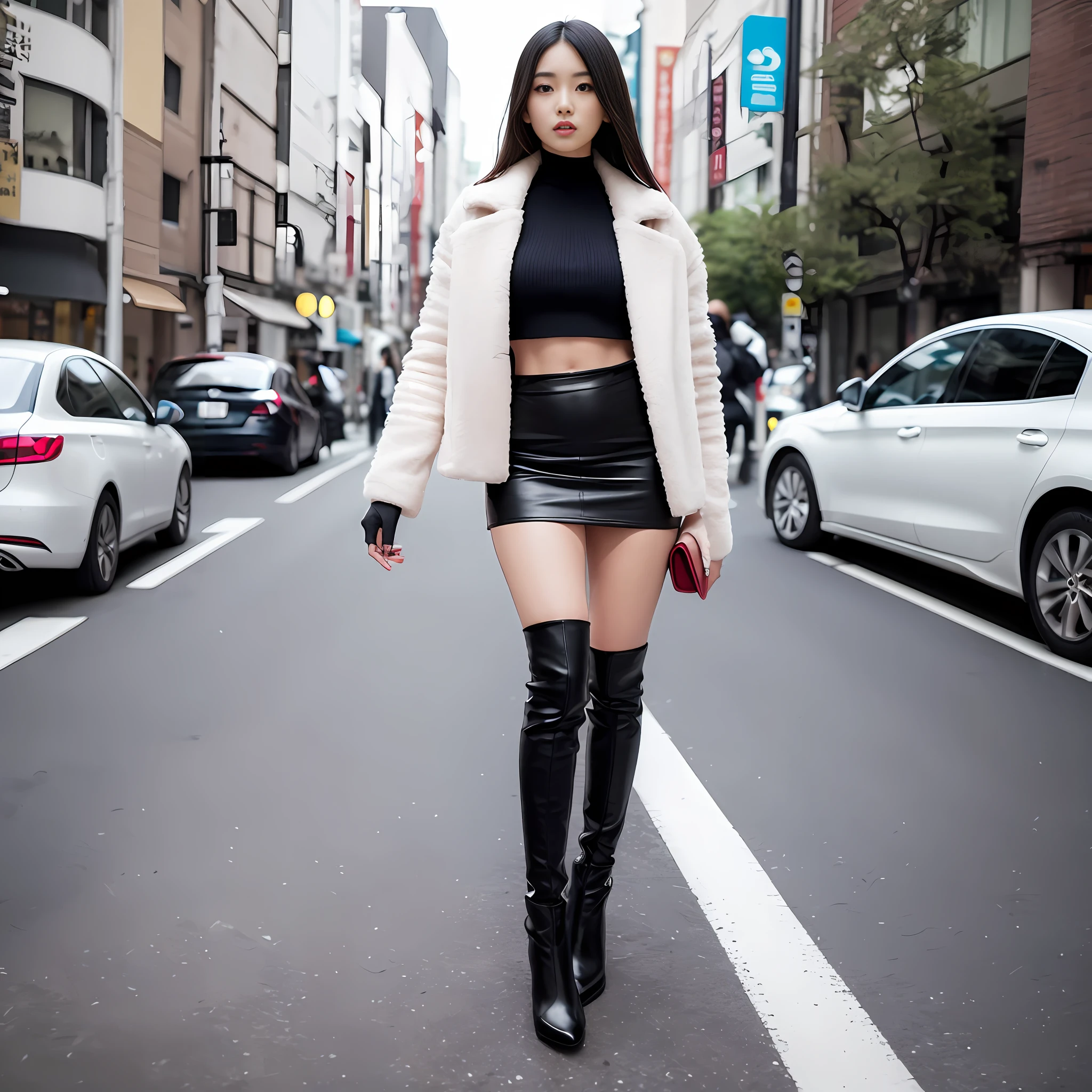 A woman in a white top and black boots standing on the street, Chinese female fashion model, white fluffy clothes, short skirt and long jacket, Japanese city street fashion, black pink Rosan Park, she wears streetwear, Japanese street fashion, Tokyo fashion, street dress woman in jacket and skirt, street fashion, Harajuku street fashion, beautiful woman walking in the wind, black gloves, over-the-knee red boots, tall, long legs, perfect body proportions, thin waist, black suspender stockings, tall, Slender body, nine-headed body, big eyes, beautiful and exquisite face, perfect body details, perfect body proportions, perfect visual proportions, fashion shooting, glamorous, feminine, delicate, highlighting female curves, subtext: sexy, confident. Chinese woman --auto --s2