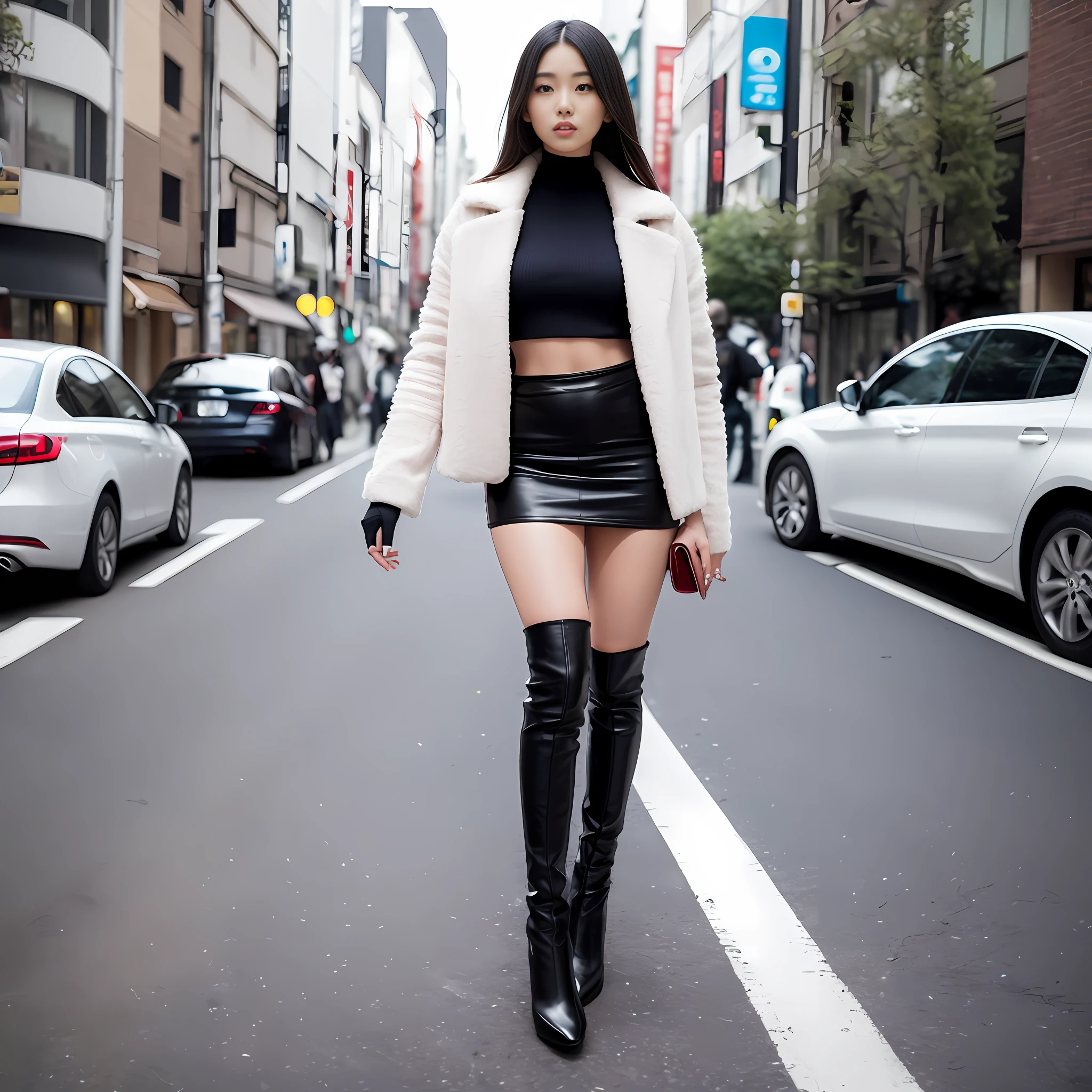 A woman in a white top and black boots standing on the street, Chinese female fashion model, white fluffy clothes, short skirt and long jacket, Japanese city street fashion, black pink Rosan Park, she wears streetwear, Japanese street fashion, Tokyo fashion, street dress woman in jacket and skirt, street fashion, Harajuku street fashion, beautiful woman walking in the wind, black gloves, over-the-knee red boots, tall, long legs, perfect body proportions, thin waist, black suspender stockings, tall, Slender body, nine-headed body, big eyes, beautiful and exquisite face, perfect body details, perfect body proportions, perfect visual proportions, fashion shooting, glamorous, feminine, delicate, highlighting female curves, subtext: sexy, confident. Chinese woman --auto --s2