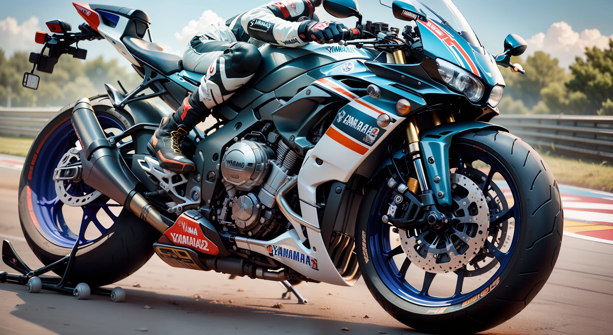 (Yamaha motorcycle:1.5, Racing type, Sponsored by Yamaha, Latest Modern, Alloy Wheels,), (Japanese Model boy,NSFW,Racer,Full Suit Accessories for Motorcycle Biker,), Arcana Background, Cenimatic Lighting, masterpiece, UHD, Beautiful Colours Sky, Ultra Wide Focus Motorcycle, Portrait Post, Master piece,Best Super Detailed,Shooted by Samsung galaxy S 21 Camera,
