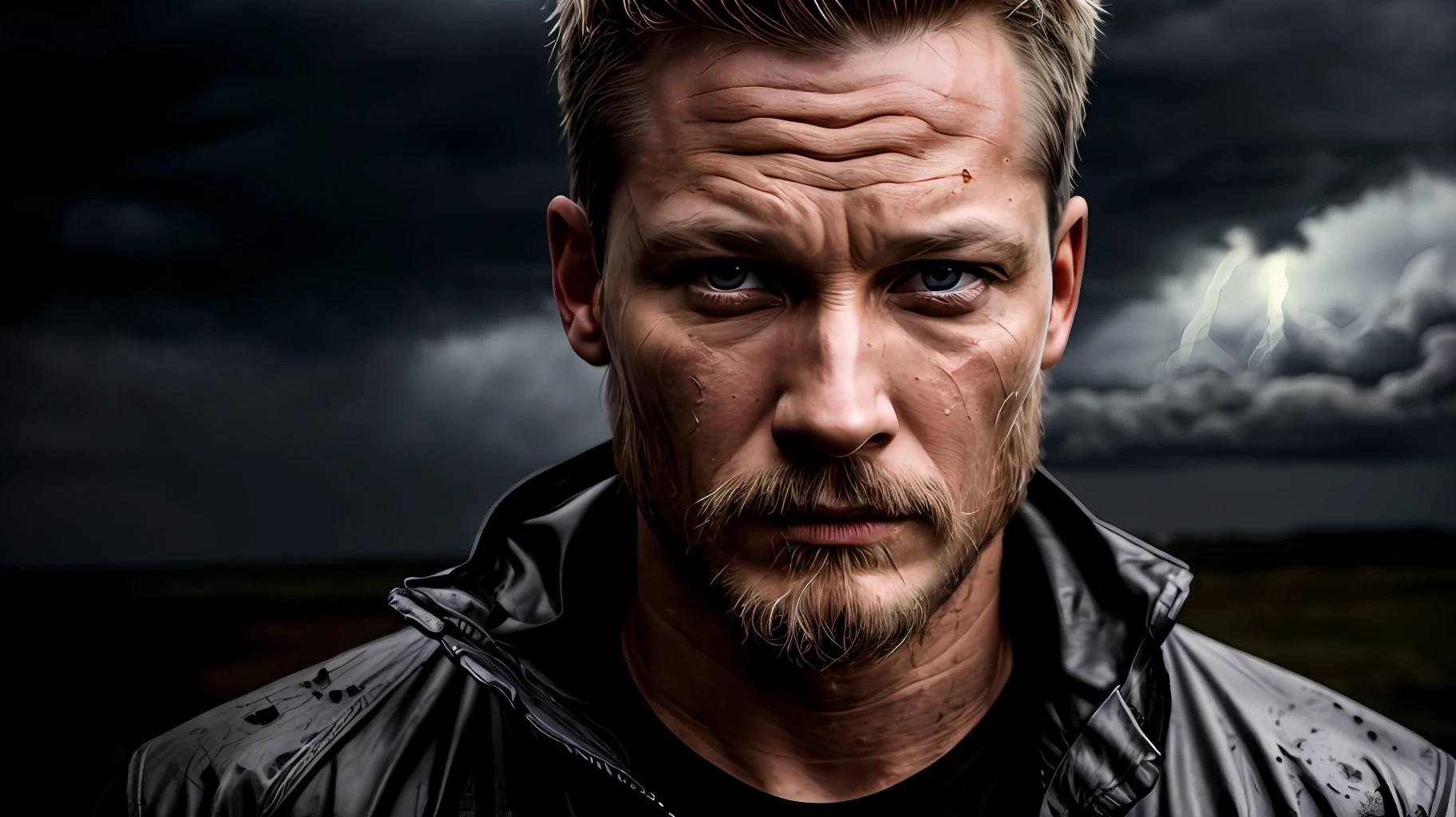 **Man, Bearded, Front, Front, Portrait, Camera Far Away, Actor Travis Fimmel, Sweaty, Tired Face, Muscular, Indignant, Wet, Training, Camera Away, (sharp focus:1.2), An Award-Winning Shot of a Suffering Fighter, portrait, water drops, tired expression, 30 years, storm out, lightning lighting, , lines on the face, wrinkles, extremely detailed skin, sadness, dark skin, hopelessness, beautiful cloudy eyes, (deep shadows: 1.1), high contrast, absurdist, 8k, (high quality: 1.3), artstation hd, concept art, detailed face and body, award-winning photography, (poor-moody lighting: 1.2), depth of field, bokeh, 4K, hdr, bad guy, war, mud, dirty, jacket Black, jacket, black, black shirt, rain