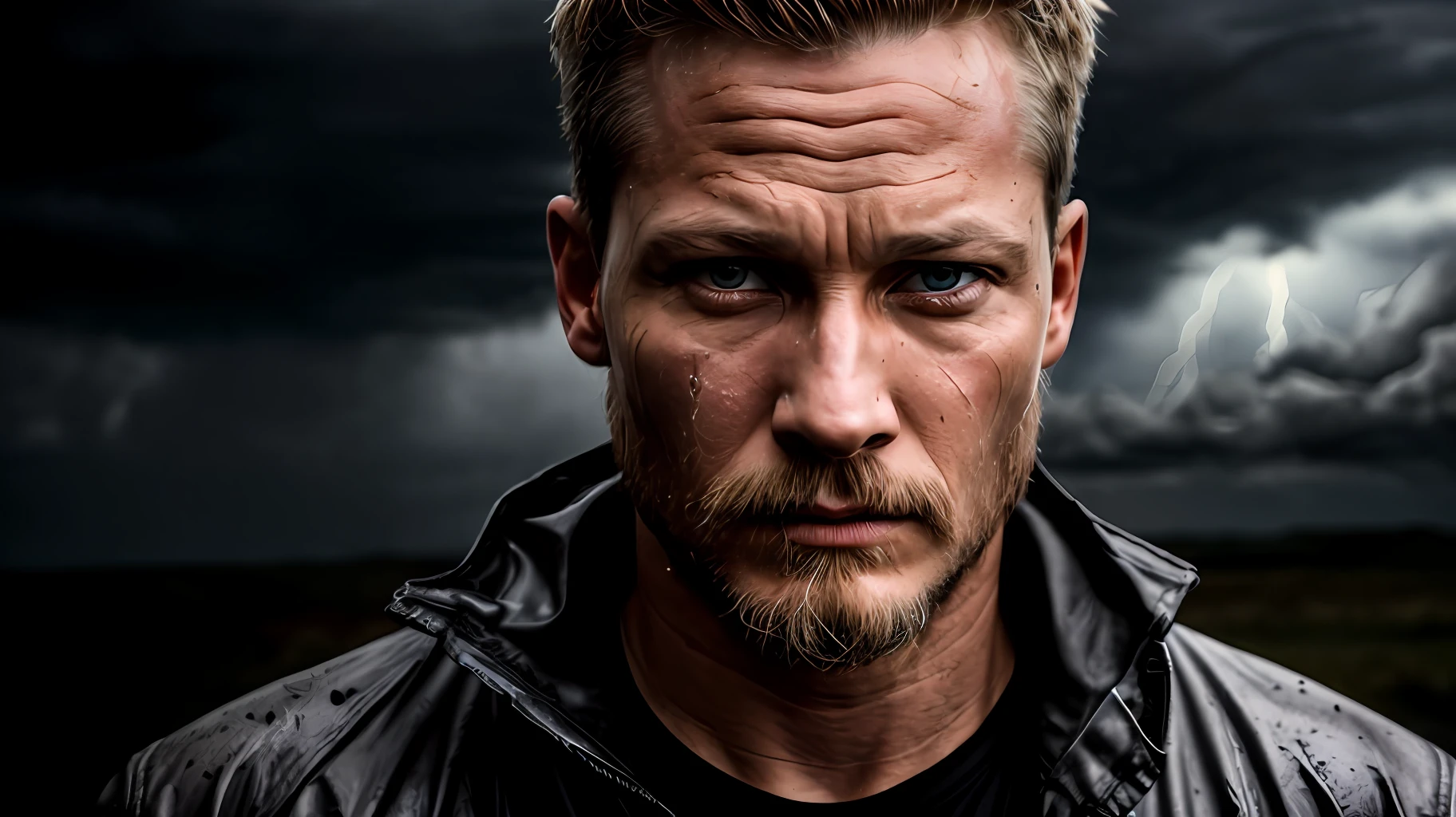 **Man, Bearded, Front, Front, Portrait, Camera Far Away, Actor Travis Fimmel, Sweaty, Tired Face, Muscular, Indignant, Wet, Training, Camera Away, (sharp focus:1.2), An Award-Winning Shot of a Suffering Fighter, portrait, water drops, tired expression, 30 years, storm out, lightning lighting, , lines on the face, wrinkles, extremely detailed skin, sadness, dark skin, hopelessness, beautiful cloudy eyes, (deep shadows: 1.1), high contrast, absurdist, 8k, (high quality: 1.3), artstation hd, concept art, detailed face and body, award-winning photography, (poor-moody lighting: 1.2), depth of field, bokeh, 4K, hdr, bad guy, war, mud, dirty, jacket Black, jacket, black, black shirt, rain