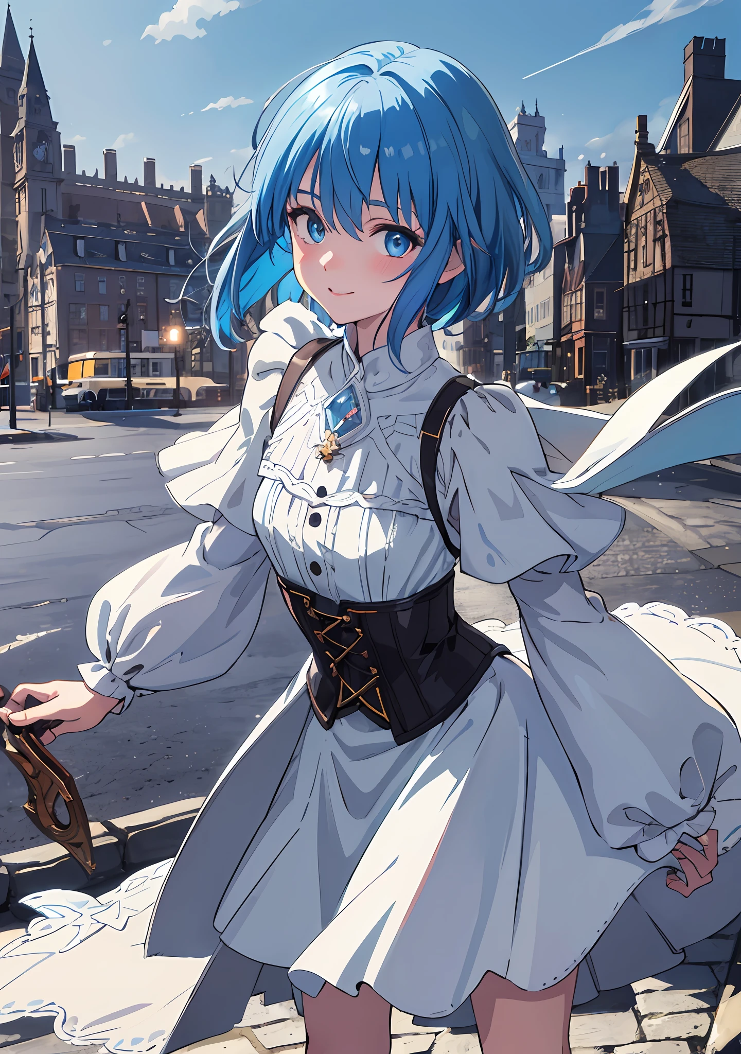 ((Masterpiece), (Best Quality)) (super detailed), (disheveled hair), photography, masterpiece, best quality, wallpaper, 1girl, 1 girl, solo, full-body, standing, fair-skinned, crystal clear clear skin, soft skin, short cut, ashime bob, sky blue hair, hair over one eye, long side hair, discreet ahoge, sky blue eyes, delicate light eyes, pretty girl, very pretty face, baby face, small face, 5 feet (152 cm) Small stature, drooping eyes, pink lips, delicate and slender, small breasts, small A-cup breasts, five fingers, smiling, looking at the viewer, looking at the camera, blush, embarrassed, shoulder-out, white knee-length dress, corset, dark blue poncho, detailed fabric texture, braided boots, dagger suspended at the waist, anime, game, medieval Europe, half-timbered building, Western-style building, cobblestone, blue sky, dynamic clouds, ( Twilight, (Dramatic Lighting)), (Soft Focus) (Vivid Colors), (Mysterious Atmosphere), Colorful, Global Illumination, Very Delicate and Beautiful, Best Shadows, Shallow Depth of Field, Vivid Colorful Paintings, Dramatic Shadows, Dramatic Lighting, Cinematic Composition, Sharp Focus, (8K), (4K), Highly Detailed, Complex, Highly Detailed