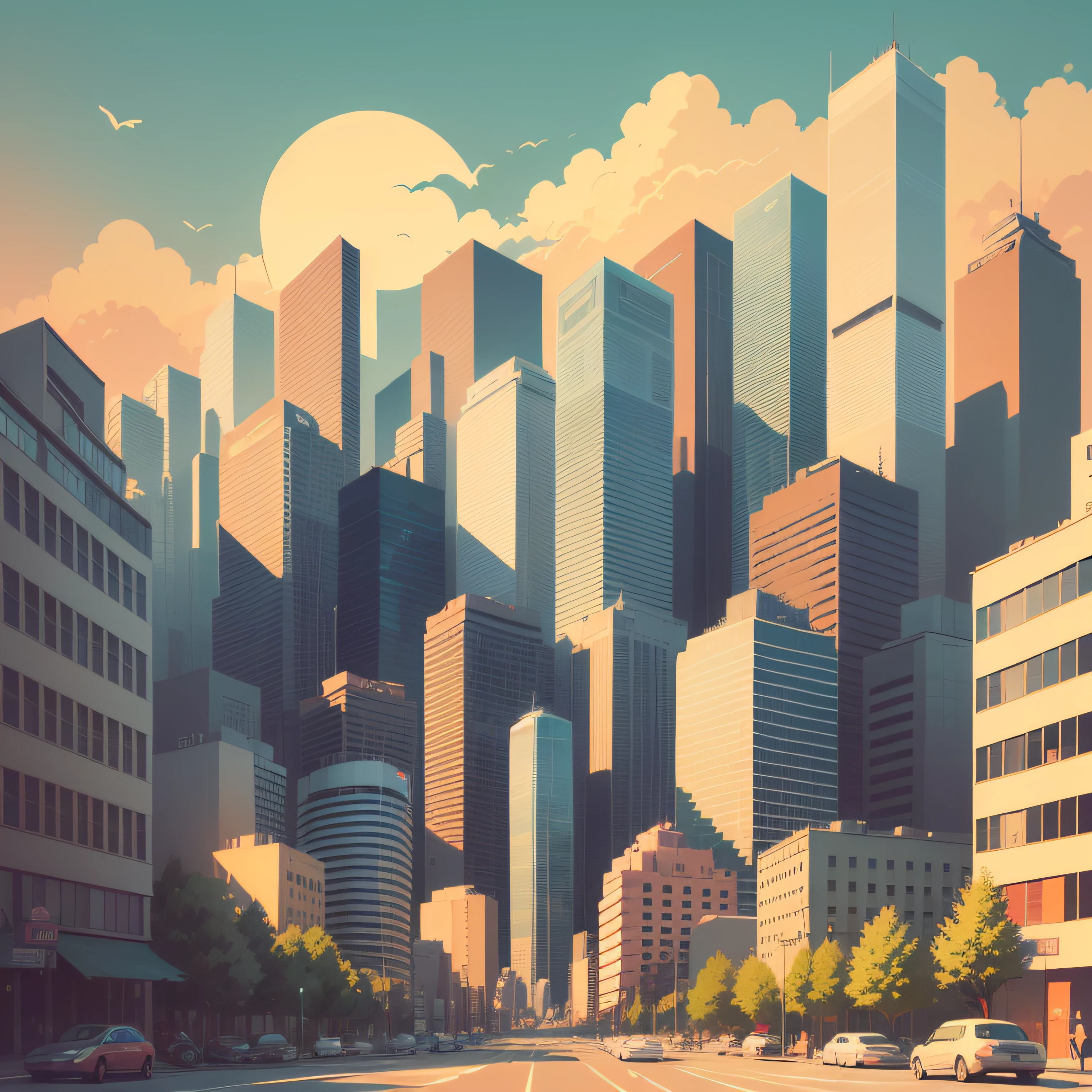 summer illustration of city, vector, pastel colors, artificial