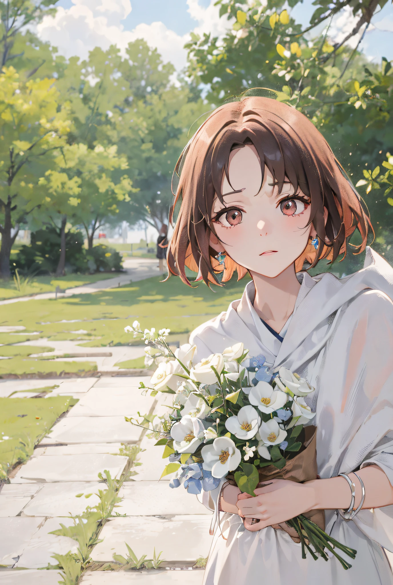 8K, (Masterpiece, Top Quality, Best Quality, Official Art, Beauty and Aesthetics: 1.2), Extremely Detailed, Colorful, Supreme Detail, There is a Woman in the Park, Short Hair, A Lovely Young Woman, High Quality Portrait, f/1. 9 6.8 1 mm ISO 4 0, Flowers Held, Chen Xintong, Lo Fei Portrait, Dim, Darkness, Despair, Mercy, Pitiful, Movie, Orange Mech, Mecha,