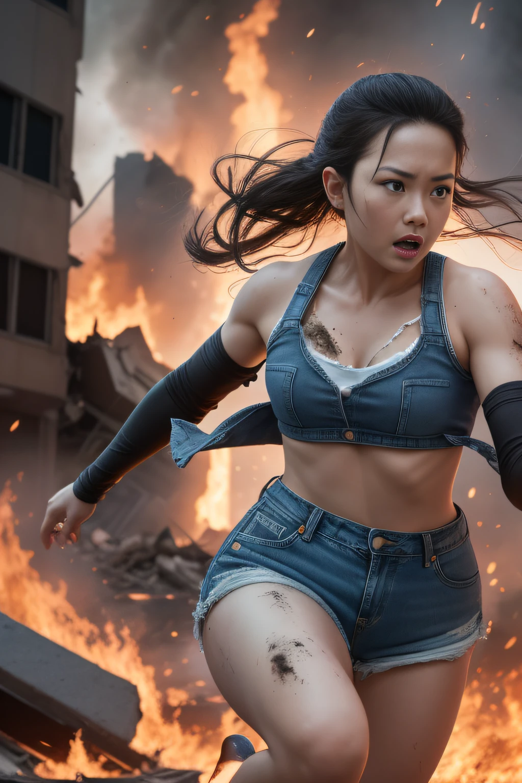 The heroine of the movie "Godzilla," desperately fleeing from Godzilla in a devastated Los Angeles. Her hair is a mess, her clothes are dirty, her denim shorts are torn, and she runs through the rubble. She runs through crumbling buildings, burning flames, white skin, smooth skin, stunningly beautiful face, detail, photorealistic, 8K