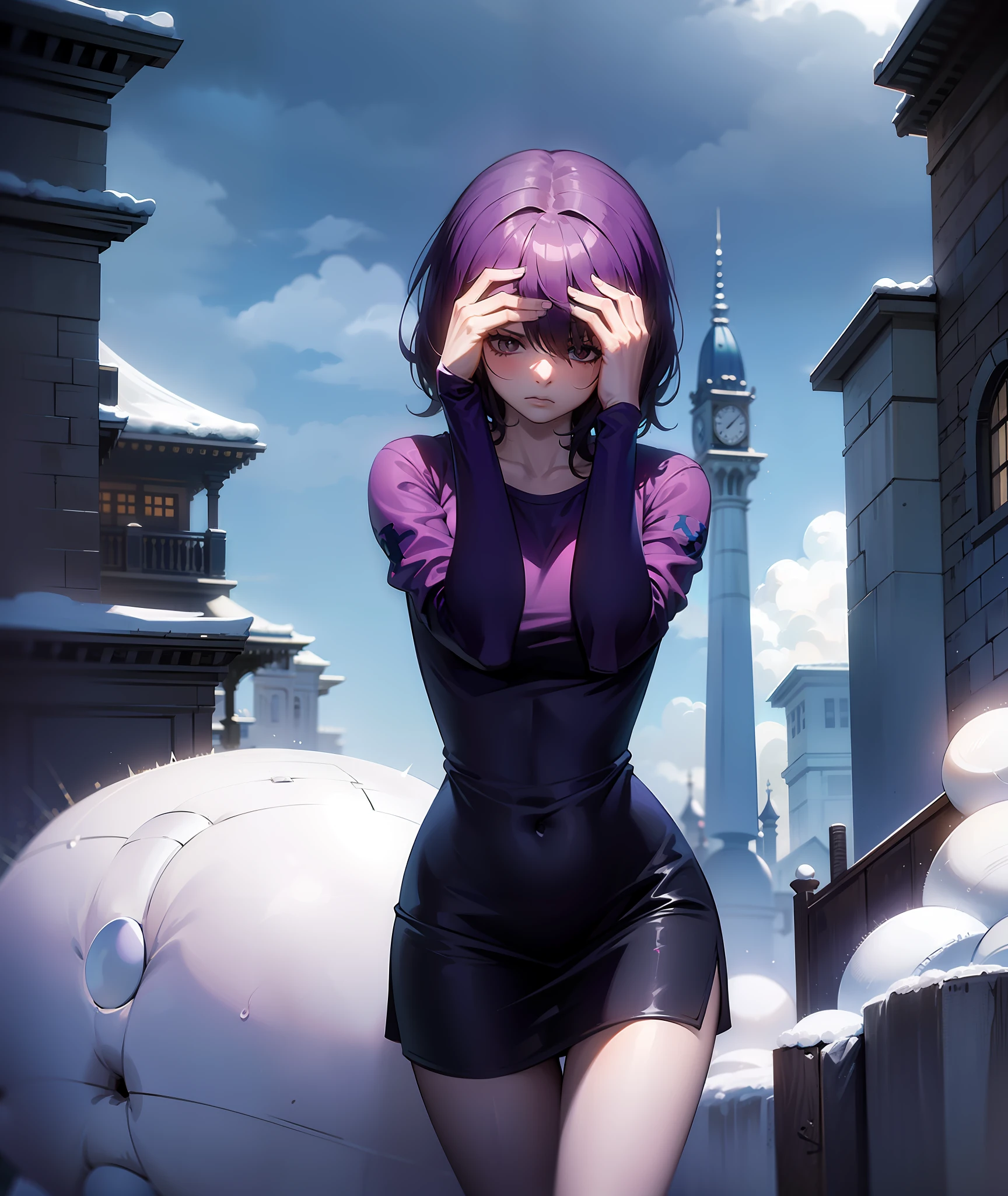 1girl, purple hair, short hair, bangs, eyes covered by hair, tired, sad, depressed, emotionless, cold, purple clothes, castle, pale skin