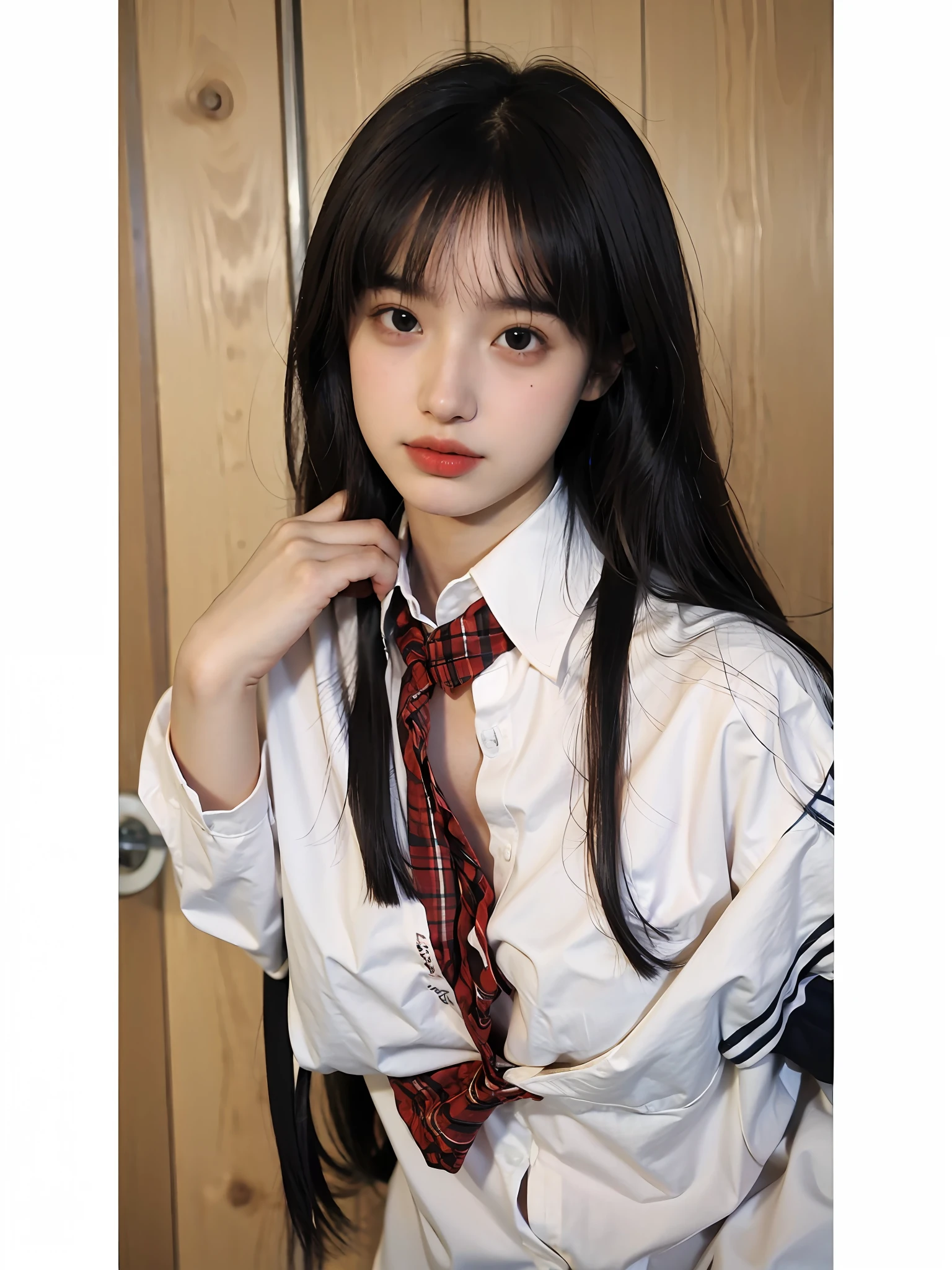 (Large breast:1.4),(shirt:1.4),(Best quality,masterpiece,ultra high res,(photorealistic:1.4),1girl,(16 years old:1.4),(partially unbuttoned:1.5)