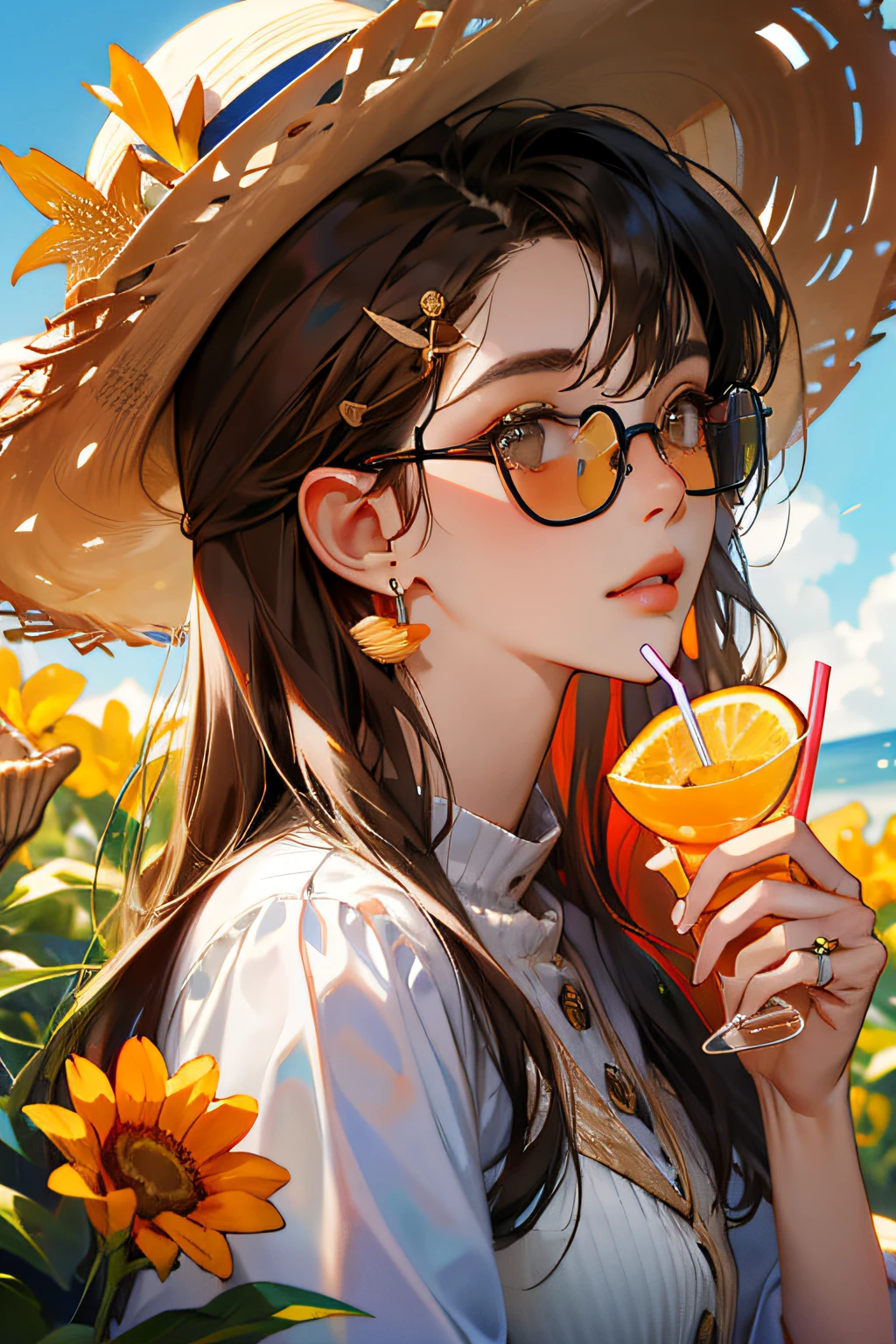 absurdres, highres, ultra detailed, 1girl, solo, extremely detailed eyes, starfish, seashell, shell, flower, hat, hair ornament, jewelry, straw hat, looking at viewer, sunglasses, hat flower, drinking straw, hairclip, earrings, red flower, tinted eyewear, yellow flower, bangs, english text, multicolored hair, orange flower, black hair, ring, cup, long hair, orange-tinted eyewear, food, brown hair, portrait, shell hair ornament