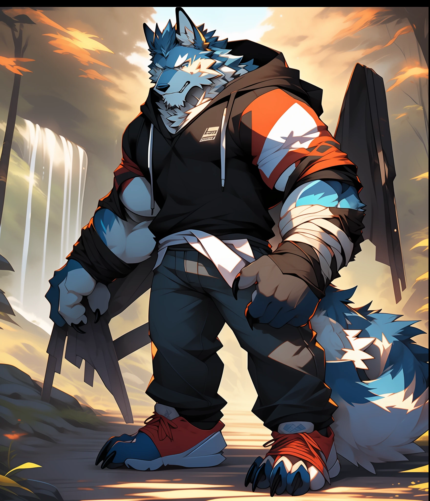 Furry muscular werewolf male in pants, furry art, muscle werewolf, high resolution committee, full body committee, furry anime, flescent art committee, fur sona furry art committee, furry flsona, gorgeous werewolf flsona, furry, furry art, expression fierce, tsundere, 1boy, a long furry wolf tail, staring at the screen, sharp claws, hair color black and gold, two legs, standing on both feet, one-handed crossed waist, human wolf, As a character in Tekken, hoodie, Short sleeves, shorts, clothes open, revealing pectoral muscles, a stick at the crotch, bandages on all hands and feet, furry characters, Fleurner art, background, forest path