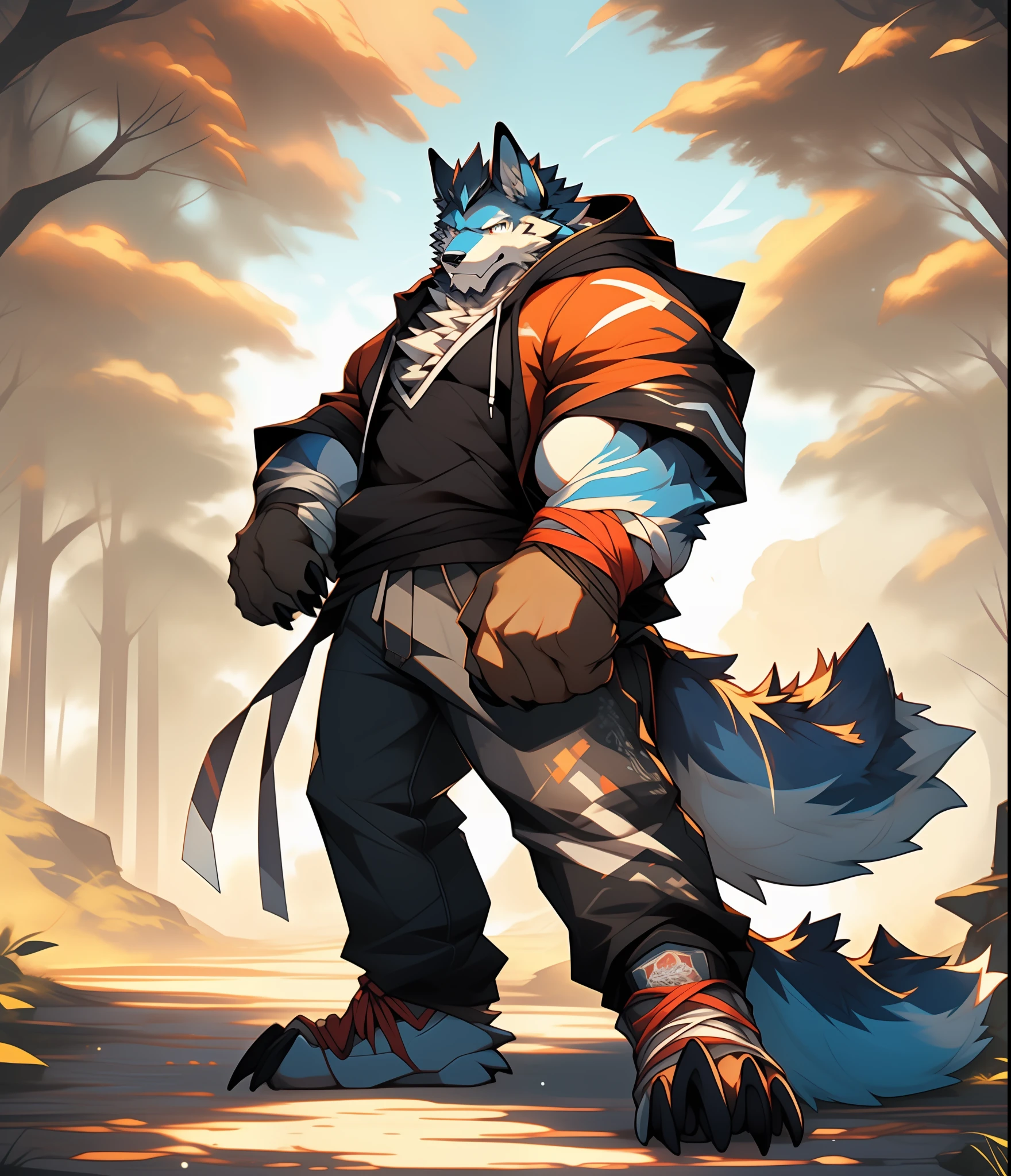 Furry muscular werewolf male in pants, furry art, muscle werewolf, high resolution committee, full body committee, furry anime, flescent art committee, fur sona furry art committee, furry flsona, gorgeous werewolf flsona, furry, furry art, expression fierce, tsundere, 1boy, a long furry wolf tail, staring at the screen, sharp claws, hair color black and gold, two legs, standing on both feet, one-handed crossed waist, human wolf, As a character in Tekken, hoodie, Short sleeves, shorts, clothes open, revealing pectoral muscles, a stick at the crotch, bandages on all hands and feet, furry characters, Fleurner art, background, forest path