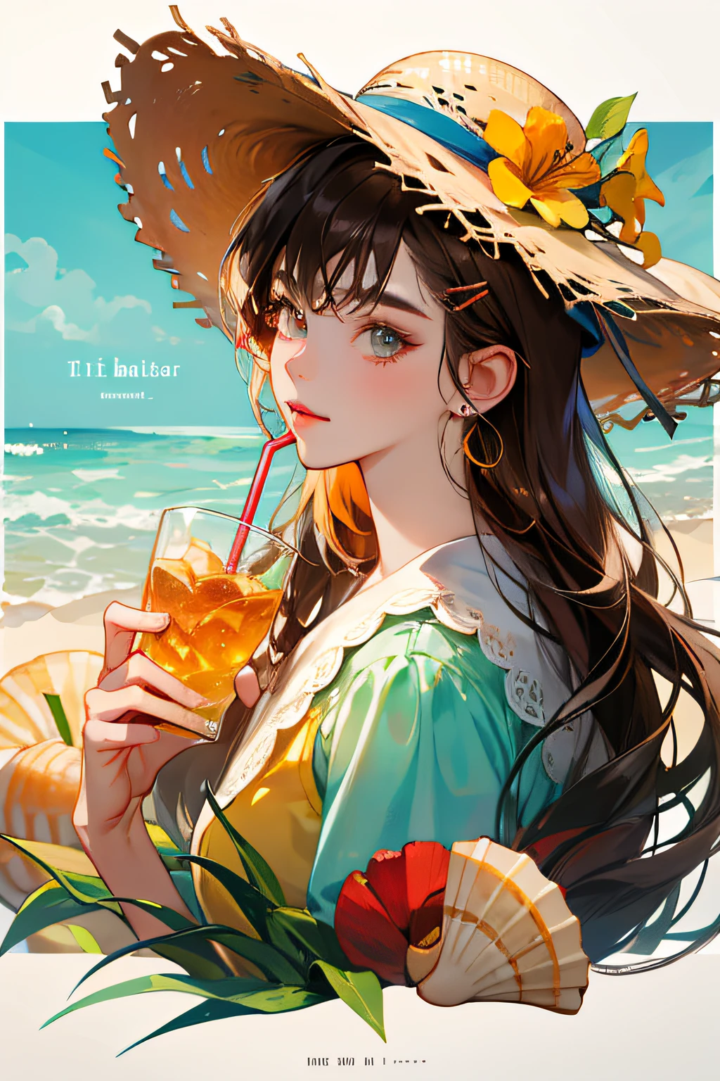 absurdres, highres, ultra detailed, 1girl, solo, extremely detailed eyes, starfish, seashell, shell, flower, hat, hair ornament, jewelry, straw hat, looking at viewer, sunglasses, hat flower, drinking straw, hairclip, earrings, red flower, tinted eyewear, yellow flower, bangs, english text, multicolored hair, orange flower, black hair, ring, cup, long hair, orange-tinted eyewear, food, brown hair, portrait, shell hair ornament