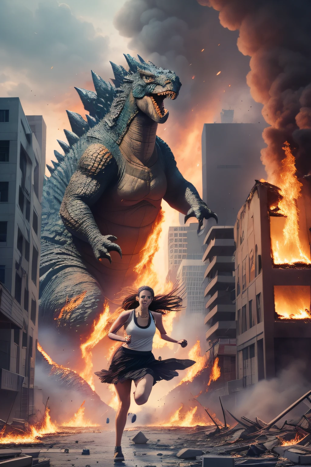 The heroine of the movie "GODZILLA Godzilla". A white woman desperately fleeing from Godzilla in a devastated Los Angeles, hair disheveled, tank top stained, skirt torn, running through rubble. Crumbling buildings, burning flames, white skin, smooth skin, stunningly beautiful face, detail, photorealistic, 8K.
Negative Prompt.