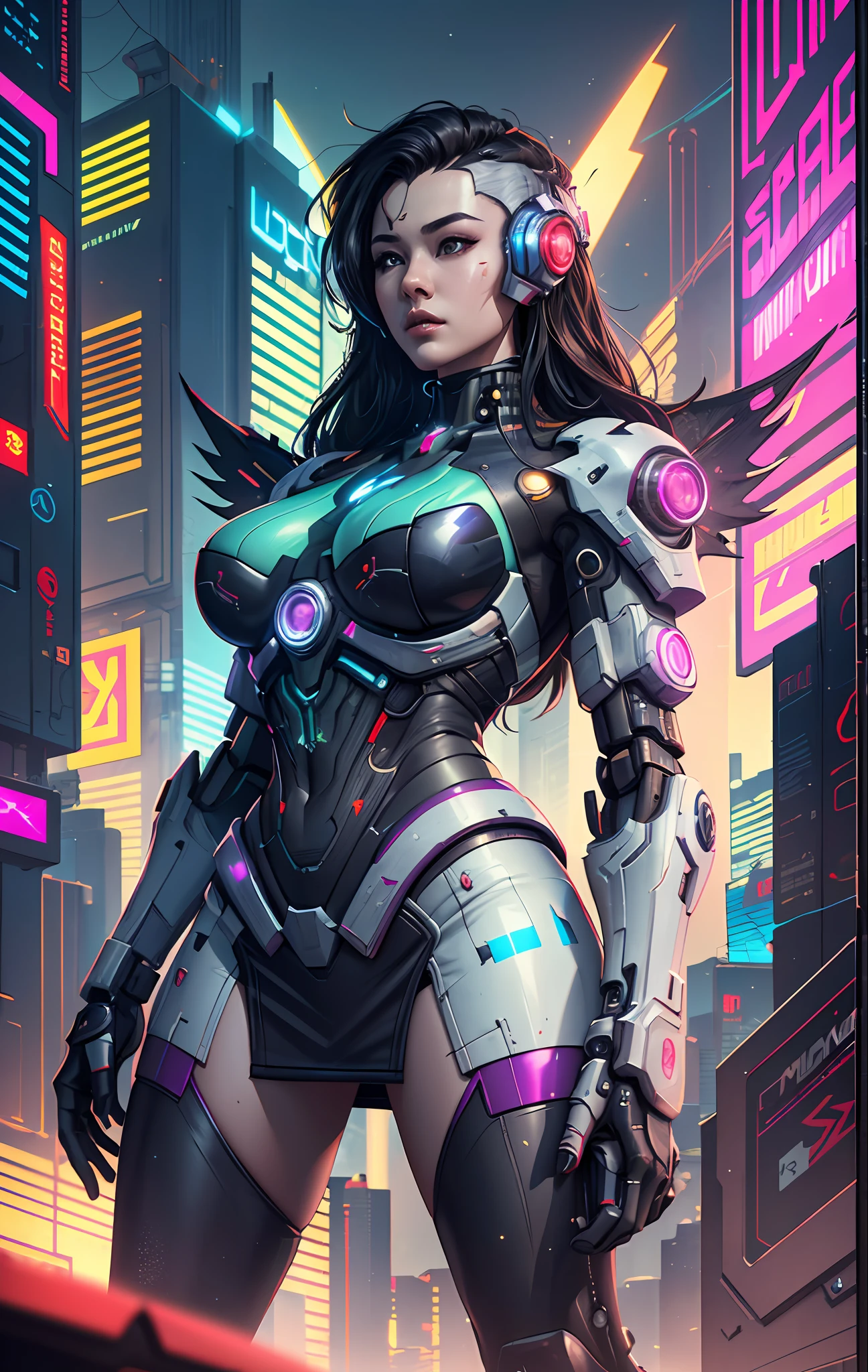((Best Quality)), ((Masterpiece)), (High Definition:1.3), 3D, Beautiful, Portrait, (Cyberpunk:1.6), Universe, Nebula, (holding_weapon:1.3), Laser, (1 Female Mecha:1.3), Sexy Body, Facing the Audience, Glowing Eyes, Full Body, (Fly, Swoop, Dynamic, Motion Blur: 1.4), (Giant Mech Wings: 1.6) ), Look Up, Mecha, Panorama, Earth Background, Nebula, Space, Particles, Reality, HDR (High Dynamic Range), Ray Tracing, NVIDIA RTX, Super Resolution, Unreal 5, Subsurface Scattering, PBR Textures, Post-Processing, Anisotropic Filtering, Depth of Field, Maximum Clarity and Clarity, Multilayer Textures, Albedo Map and specular maps, surface shading, accurate simulation of light material interactions, perfect proportions, octane rendering, two-tone lighting, large aperture, low ISO, white balance, rule of thirds, 8K RAW, efficient subpixel, subpixel volume products, (highest quality), (Japanese:0.5), (Korean: 0.8), (Liu Yifei: 1.5) Long Hair, (Big: 1.2), (Under: 1.5), (White Transparent Lace Mini Skirt: 1.5), DJ Booth --auto --s2