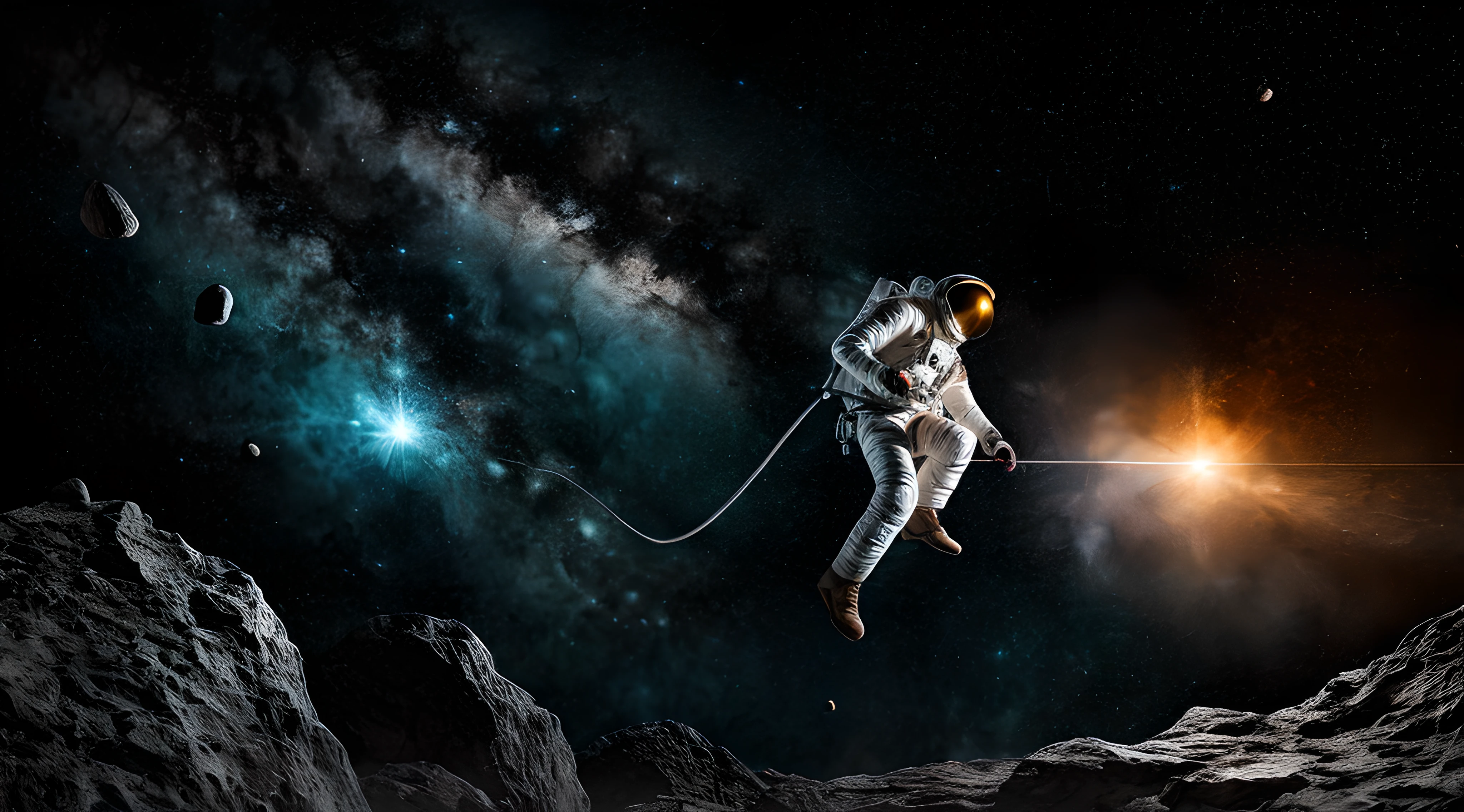 astronaut,  climbing the asteroid,  character render, ultra high quality model, ethereal background, abstract beauty, explosive volumetric, oil painting, heavy strokes, paint dripping