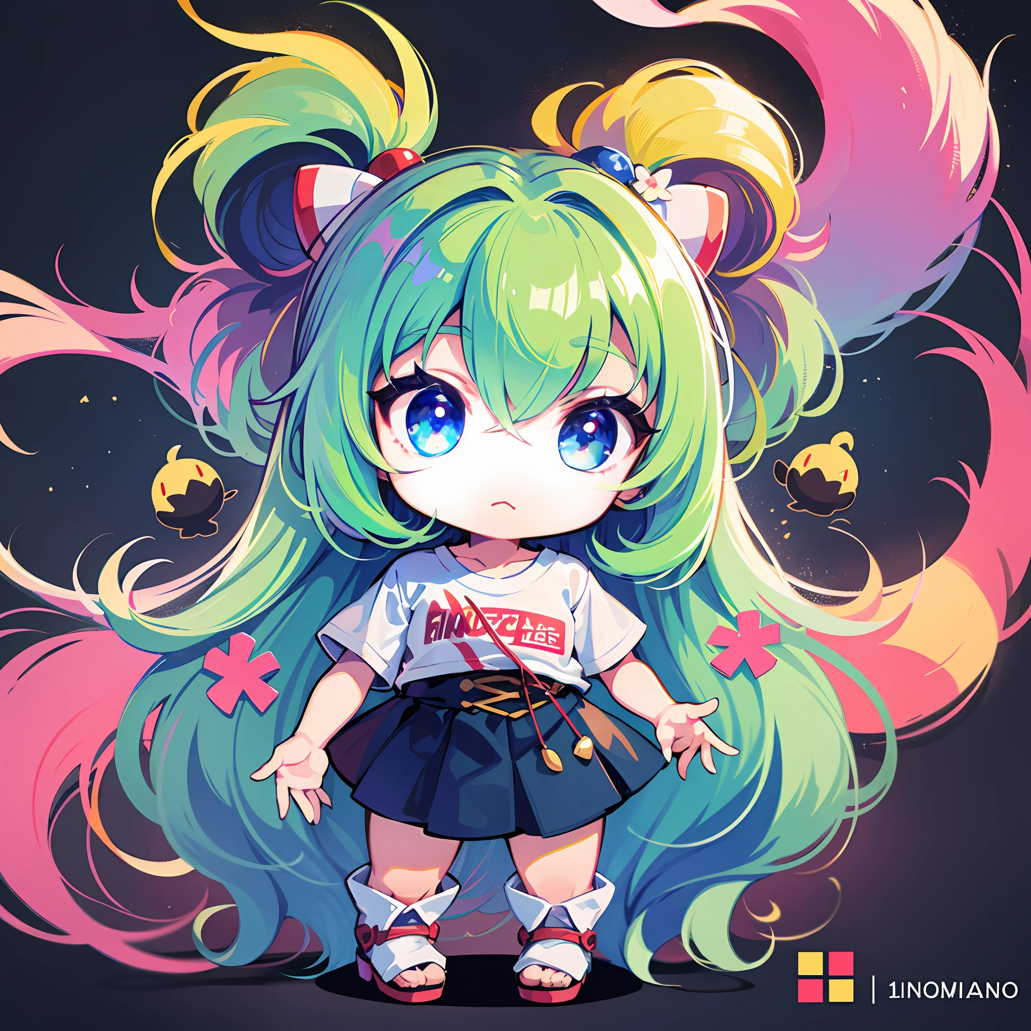 ((Sticker: 1.5))), ((Chibi character)), (white background), Fluffy, Girl, High School, Pokémon Nanjamo costume, Minanjamo, Nanjamo pose, Chibi character, Full body, pastel colored hair, fairytale, fantastic, rainbow, t-shirt design, masterpiece, highest quality, 16k