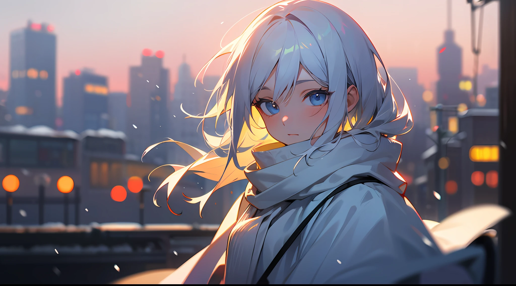 Upper body, vista, panorama, 1girl, white hair, light blue eyes, eye focus, scarf, (blurred background: 1.4), (city lights: 1.4), (street: 1.4), winter, morning, sunrise, depth of field, snow, snow particles