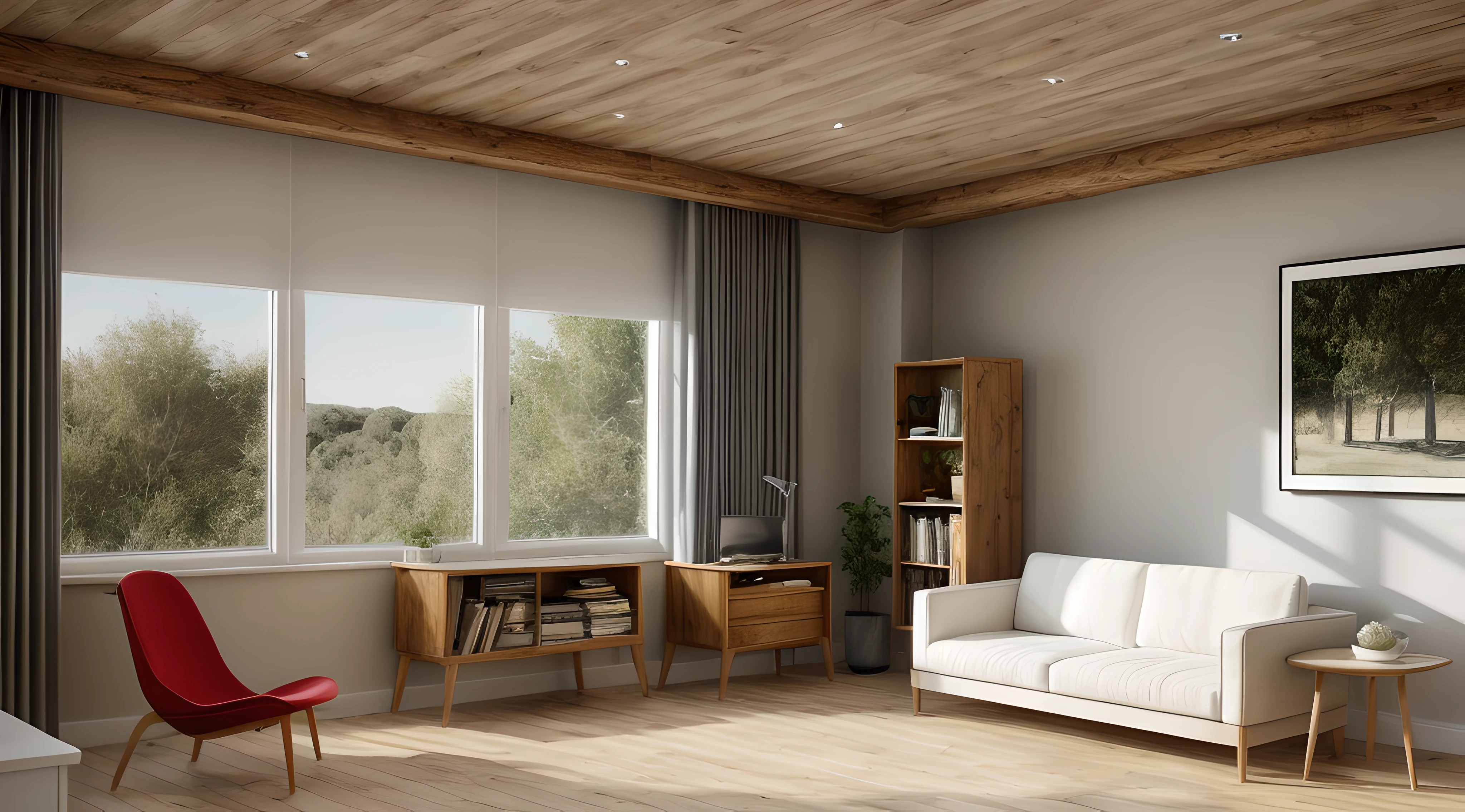 a sketch of a beautiful modern living room, (((foster and partners, artists impression, artistic impression, by Hamish MacDonald, by Carey Morris, by David Brewster, higher detailed illustration, by Helen Berman, an illustration, detailed illustration, by Nick Fudge, by Warren Mahy, artist's impression))), a red kitchen cabinet behind the white sofa, with minimal pictures on the wall, linen curtain next to the classroom window, coffee table, modern wood, ceiling with magnetic emissive lighting, white fabric PRB textures, wooden floor PRB texture,