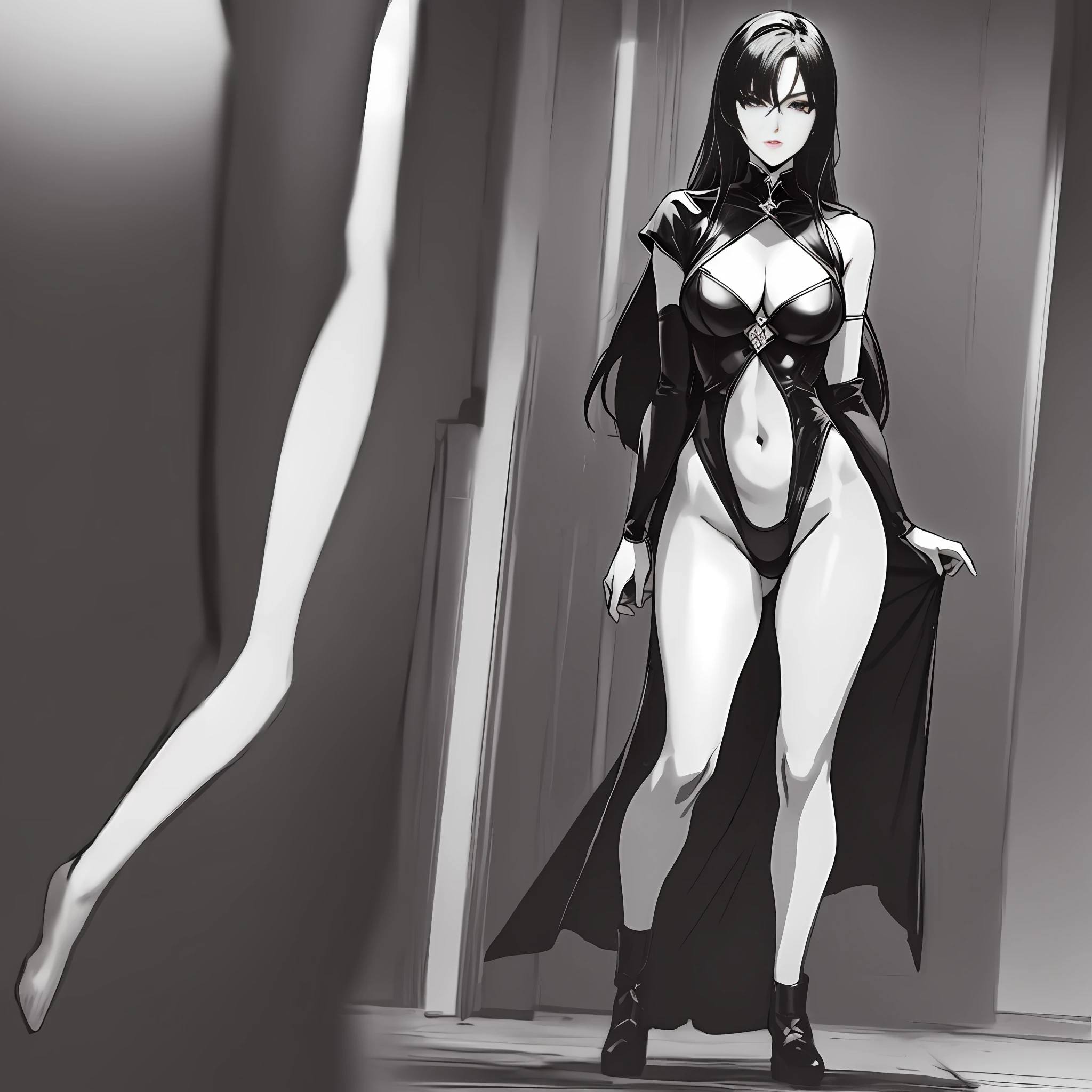 Anime art, full body movement, sexy woman in black costume, underworld woman, very cool facial expression, gorgeous background, great erotic art, line art, sexy art, detailed body part details, long legs, inspired by J.C. Leyendecker