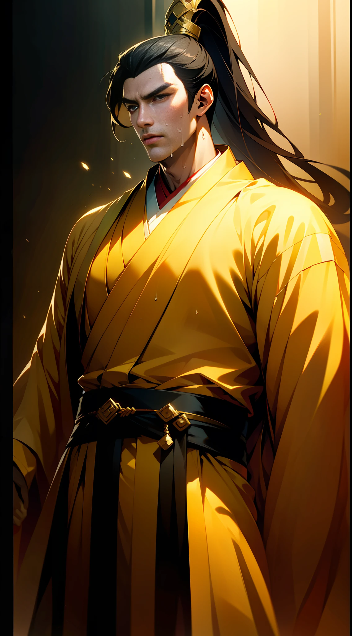 Two-dimensional, anime style, man (male warrior), muscle, correct proportions, face details, martial arts, high ponytail hairstyle, neck details, with Adam's apple, Hanfu costume, long robe, embroidered robe, dragon robe, clothes details, collar, long sleeves, game quality, swordsman demeanor, light and shadow tracing, ray tracing, detail glow, CG rendering, hair details, long black hair, golden eyes, sweaty face, handsome, (juvenile feeling), complex clothing, perfect composition, refinement, high quality, more details, a lot of details, Complex background, sense of atmosphere,
