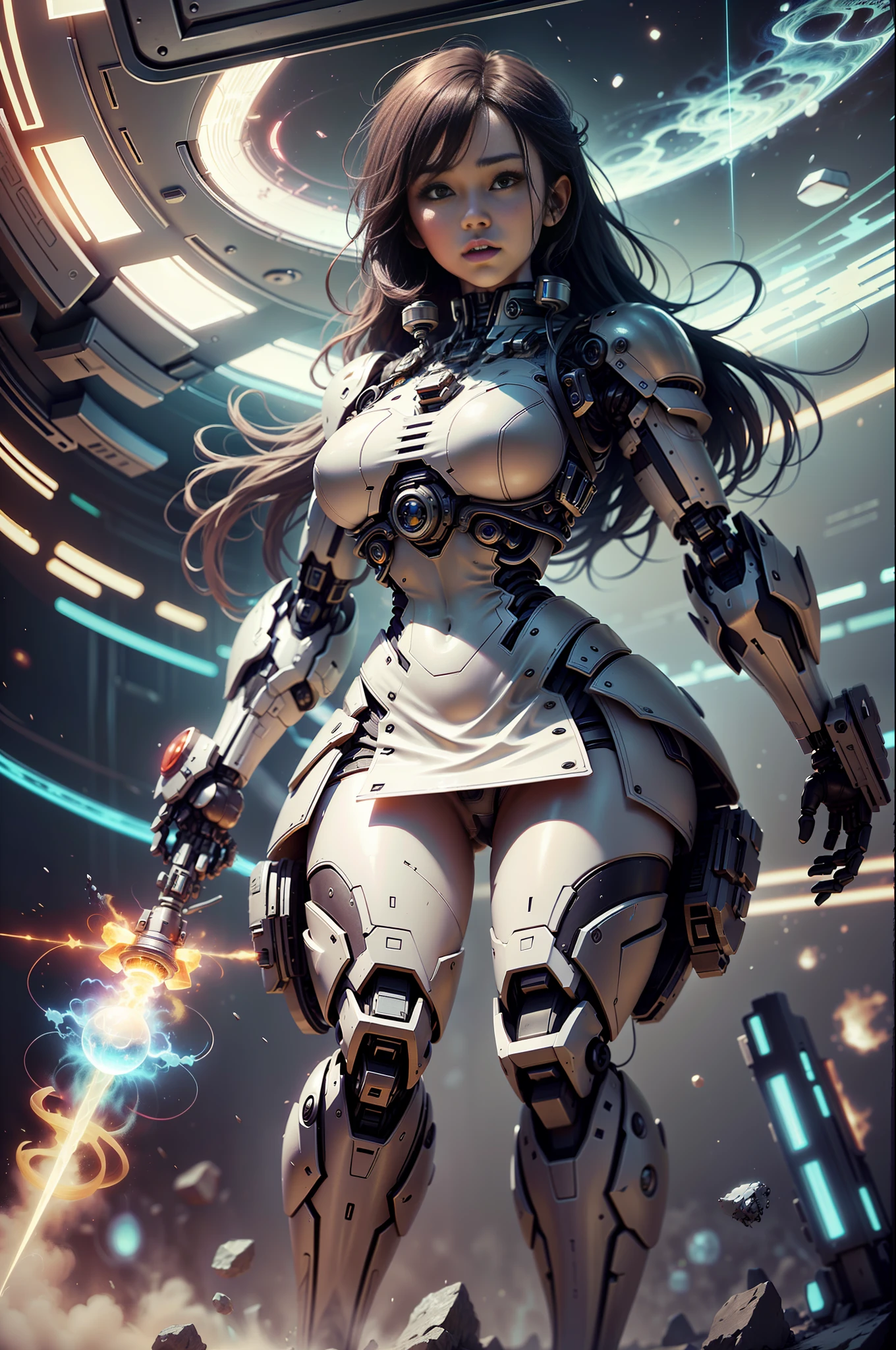 ((Best Quality)), ((Masterpiece)), (High Definition:1.3), 3D, Beautiful, Portrait, Universe, Nebula, (holding_weapon:1.3), Laser, (1 Female Mecha:1.3), Sexy Body, Facing the Audience, Glowing Eyes, Full Body, (Fly, Swoop, Dynamic, Motion Blur: 1.4), (Giant Mech Wings: 1.6) ), Look Up, Mecha, Panorama, Earth Background, Nebula, Space, Particles, Reality, HDR (High Dynamic Range), Ray Tracing, NVIDIA RTX, Super Resolution, Unreal 5, Subsurface Scattering, PBR Textures, Post-Processing, Anisotropic Filtering, Depth of Field, Maximum Clarity and Clarity, Multilayer Textures, Albedo Map and specular maps, surface shading, accurate simulation of light material interactions, perfect proportions, octane rendering, two-tone lighting, large aperture, low ISO, white balance, rule of thirds, 8K RAW, efficient subpixel, subpixel volume products, (highest quality), (Japanese:0.5), (Korean: 0.8), (Liu Yifei: 1.5) Long Hair, (Big: 1.2), (Under: 1.5), (White Transparent Lace Mini Skirt: 1.5), DJ Booth --auto --s2