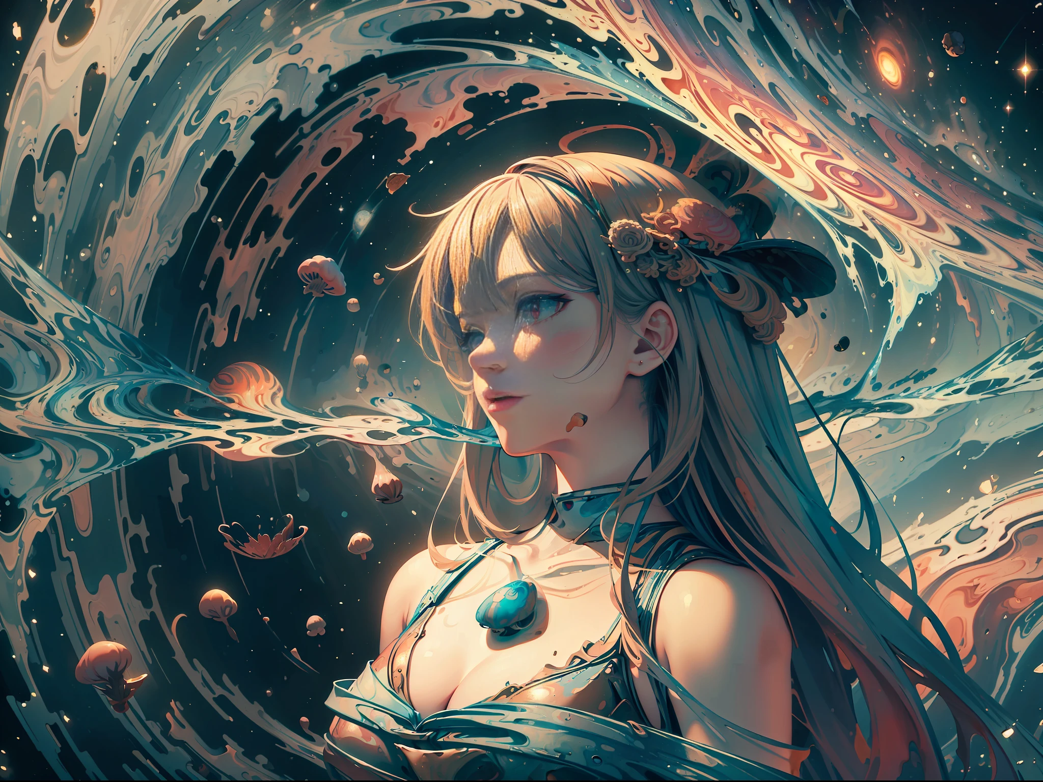 ((Masterpiece)), (Best Quality)), 8K, high detail, hyper-detail, the painting depicts a scene of breathtaking magnificent spatial images. The picture shows a girl with a mushroom dress, facing back, looking at a red glowing planet in space. many birds,music tones,The scenes are extremely detailed and the clarity is extraordinary, capturing every intricate detail of the panorama.