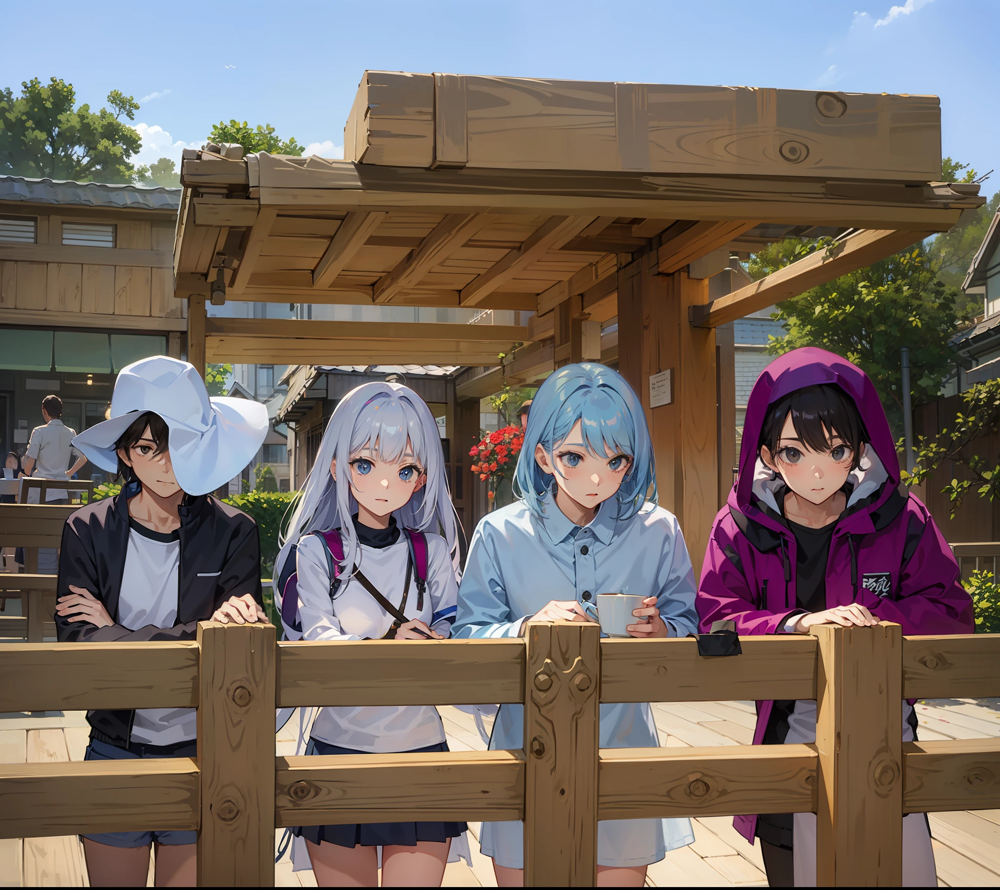Masterpiece, four people, fence, roof, wooden floor, group photo, café