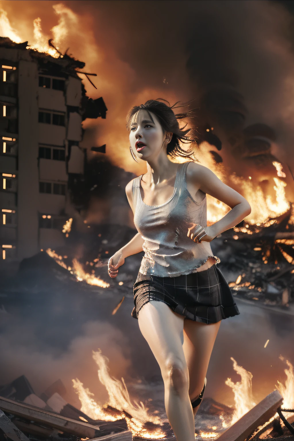 The heroine of the movie "GODZILLA Godzilla". A white woman desperately fleeing from Godzilla in a devastated Los Angeles, hair disheveled, tank top stained, skirt torn, running through rubble. Crumbling buildings, burning flames, white skin, smooth skin, stunningly beautiful face, detail, photorealistic, 8K.
Negative Prompt.