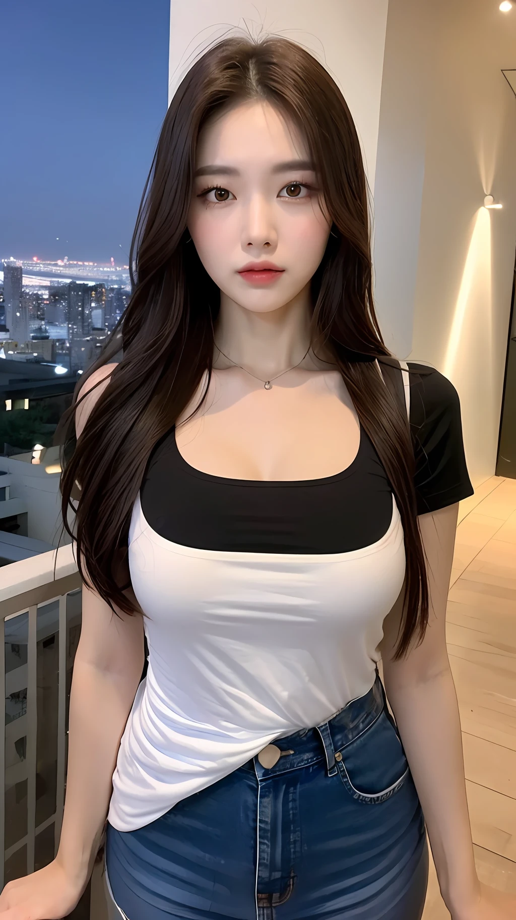 ((Midnight, Best quality, 8k, Masterpiece :1.3)), Whole body, Long legs, Sharp focus :1.2, A pretty woman with perfect figure :1.4, Slender abs :1.1, ((Dark brown hair, Big breasts :1.2)), (White tight tshirt, Jean bib, Standing:1.2), ((Night city view, Rooftop:1.3)), Highly detailed face and skin texture, Detailed eyes, Double eyelid