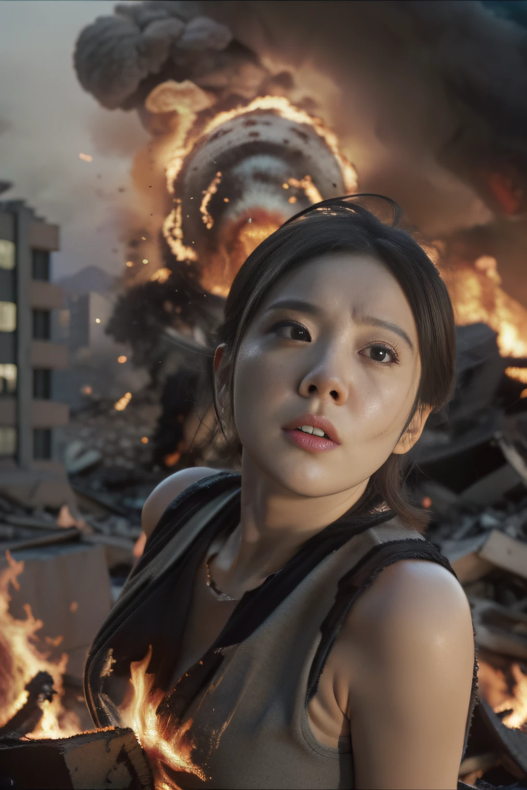 The heroine of the movie "GODZILLA Godzilla". A white woman desperately fleeing from Godzilla in a devastated Los Angeles, hair disheveled, tank top stained, skirt torn, running through rubble. Crumbling buildings, burning flames, white skin, smooth skin, stunningly beautiful face, detail, photorealistic, 8K.
Negative Prompt.
