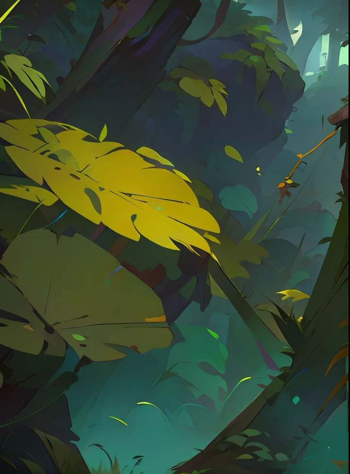 Large leaves in the woods, low details. Digital painting, Art Nouveau jungle environment, mysterious jungle painting, painting as game concept art, stylized vegetation, stylized concept art, Atey Ghailan 8 K, trend in Polycount, stylized painting, underground scattering, detailed digital painting