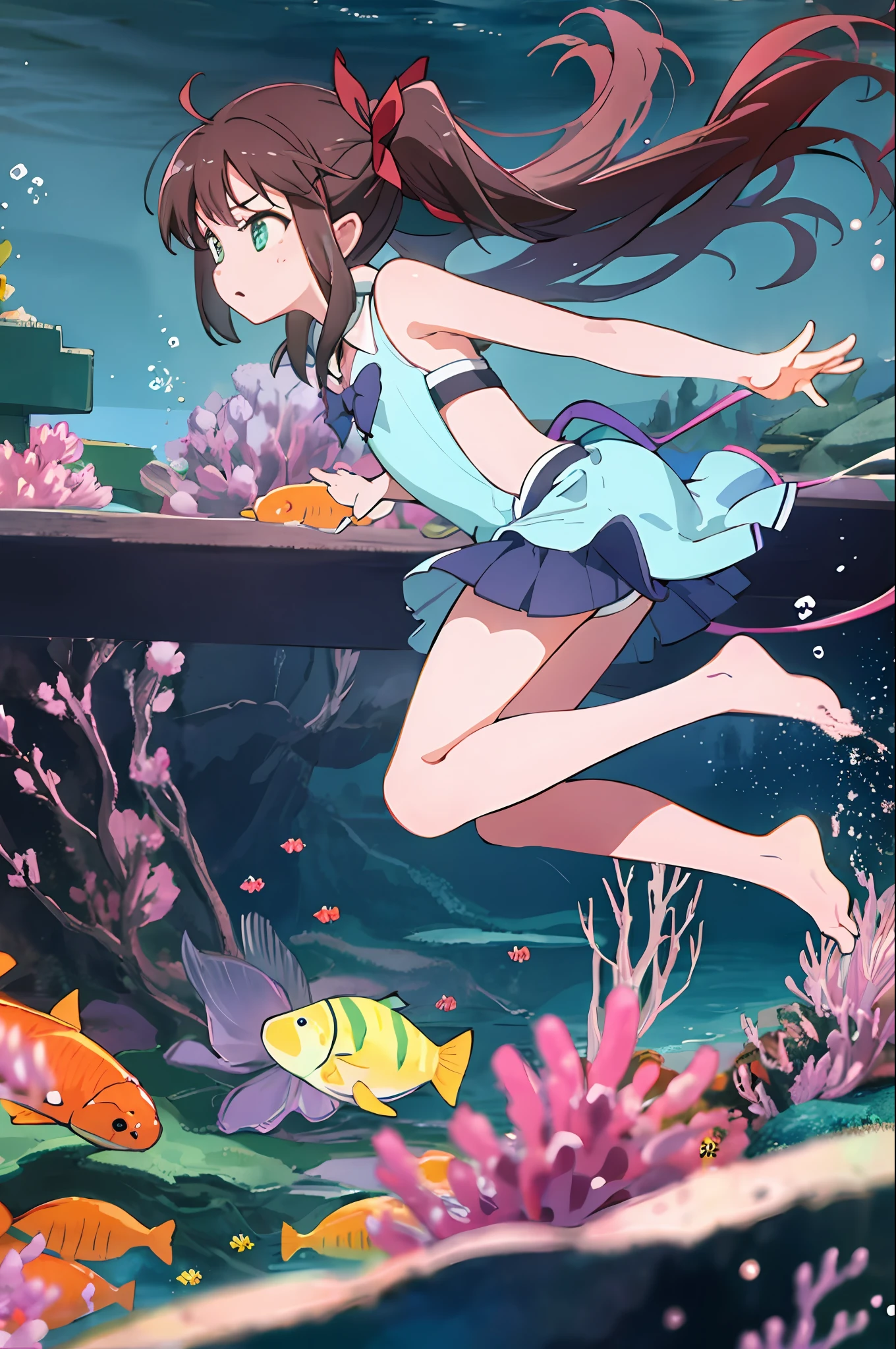 Underwater beauty, jk skirt, double ponytail, floating, full body, deep water