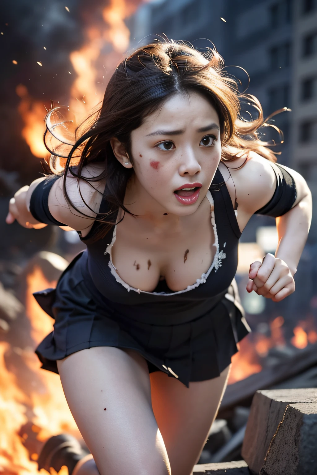 The heroine of the movie "GODZILLA Godzilla". A white woman desperately fleeing from Godzilla in a devastated Los Angeles, hair disheveled, tank top stained, skirt torn, running through rubble. Crumbling buildings, burning flames, white skin, smooth skin, stunningly beautiful face, detail, photorealistic, 8K.
Negative Prompt.
