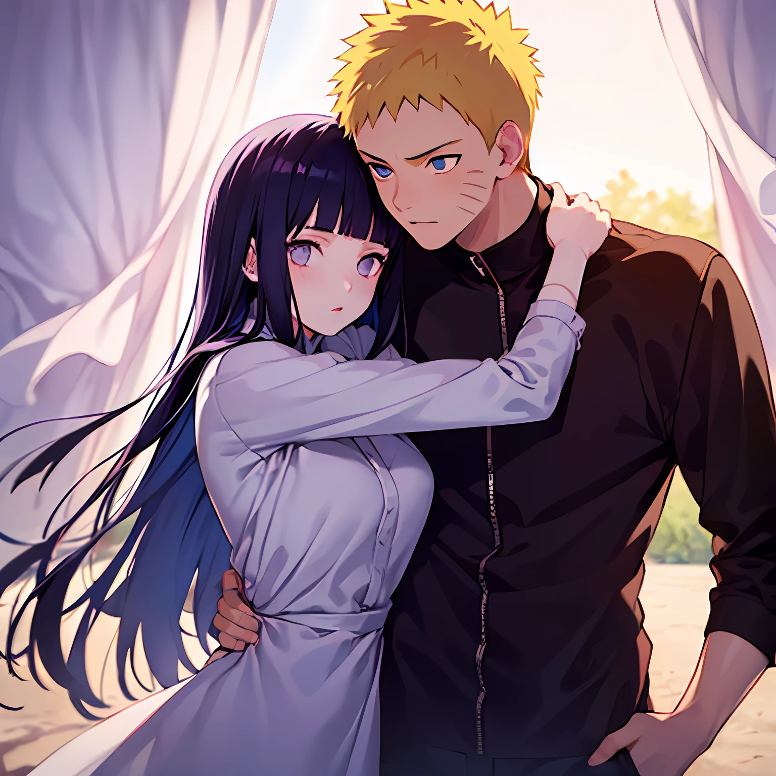 ((Best quality, 8K, Masterpiece: 1.3)), Clear focus: 1.2, 1girl, 1 boy, blunt bangs girl, dark blue haired girl, blonde man, blue eyes man, purple eyes girl, hug, standing, couple, naruto and hinata, beautiful and handsome, naruhina