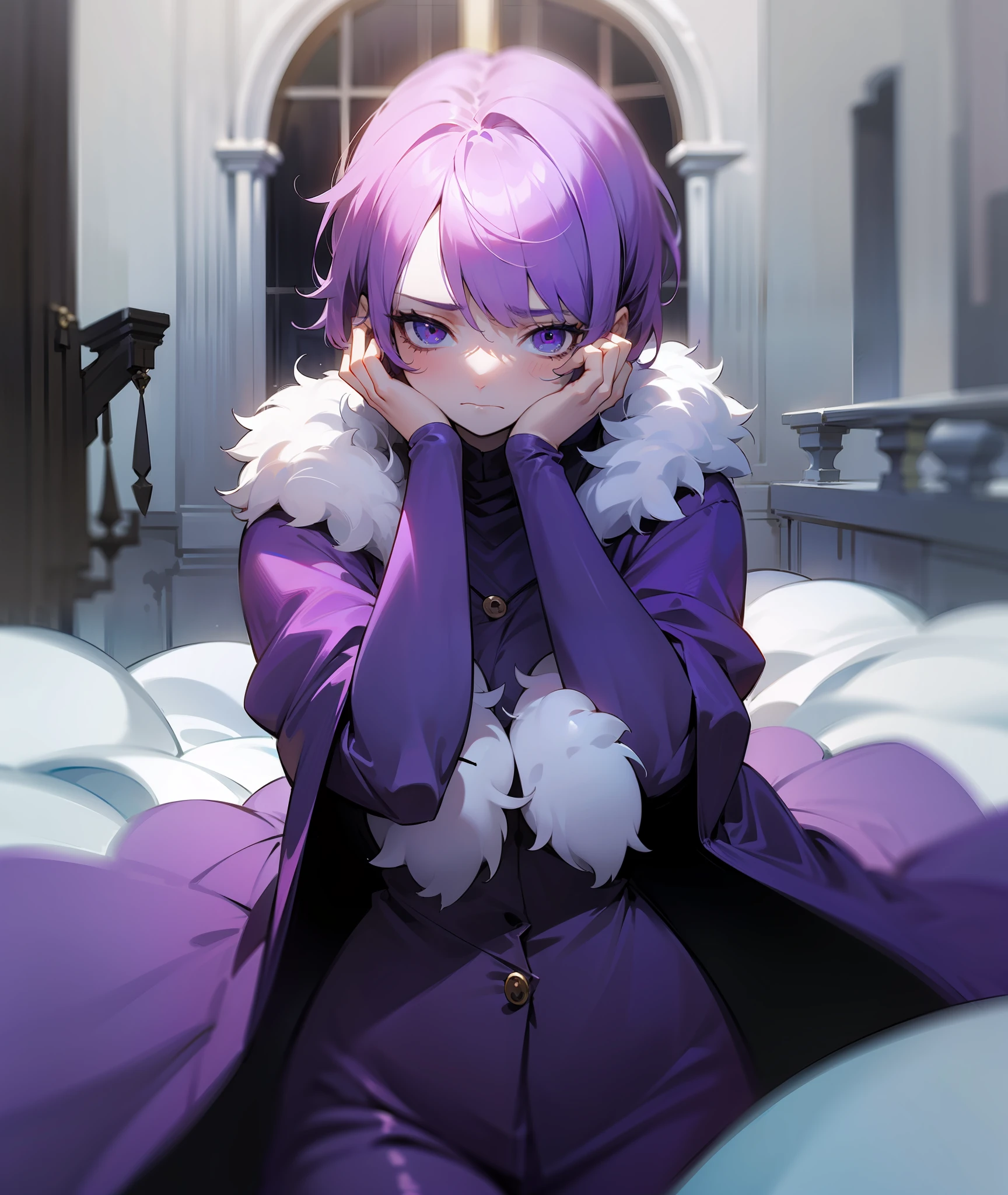 1girl, purple hair, short hair, bangs, eyes covered by hair, tired, sad, depressed, emotionless, cold, purple clothes, castle, pale skin