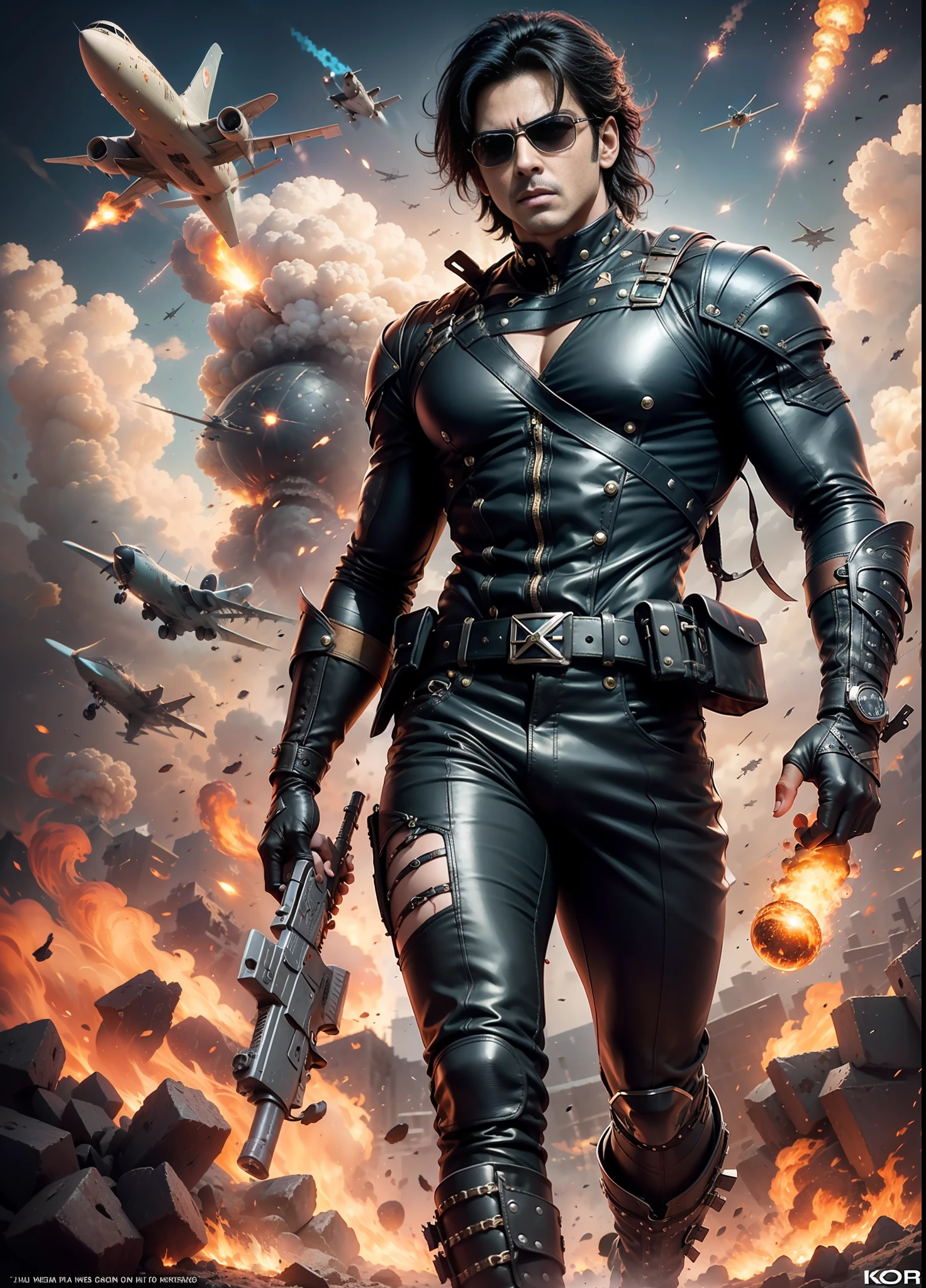 Movie poster krrish, sunglasses, rivets, explosions, guns, planes, one person, full body.