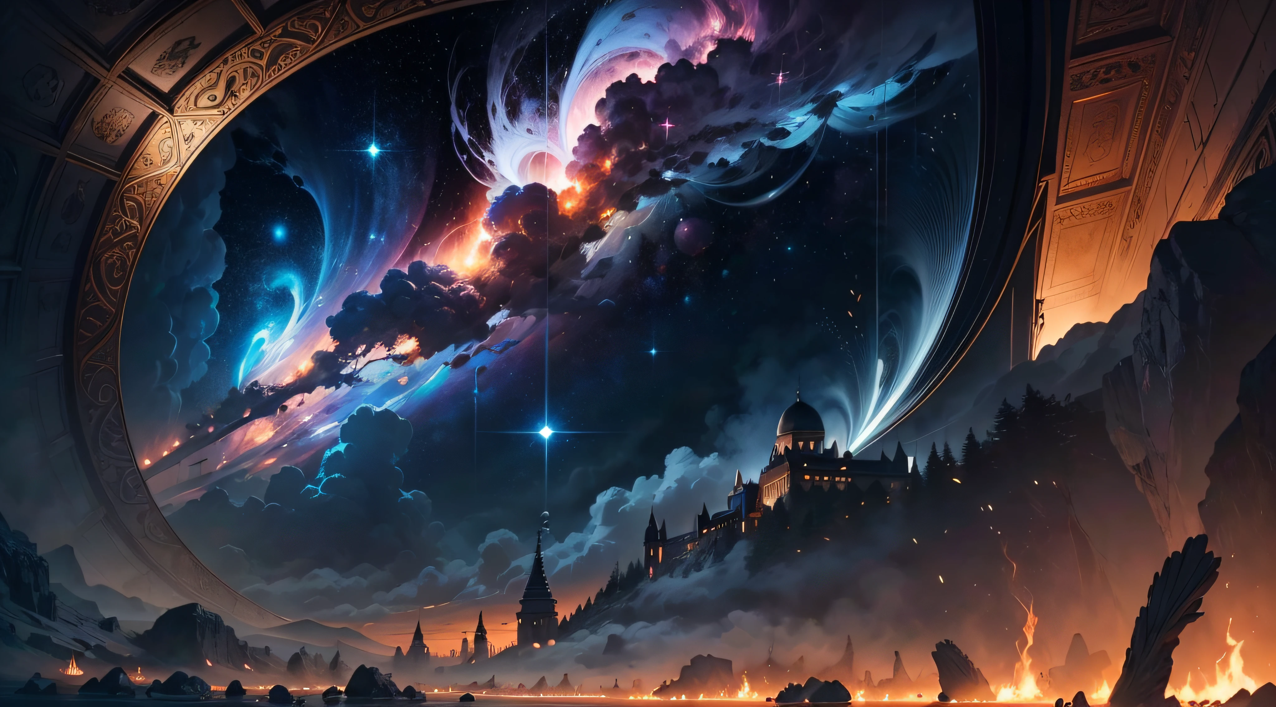 render and digital painting of an incomprehensible and immersive scene of the appearance of a demonic figure from a luminous cloud of darkness, cosmic entities, celestial, cosmic, luxurious, elegant, ornate, bright and vibrant, smooth, soft billowing smokes, cosmic nebula vine, nebula filament, swirling, billowing up, cinematic, unrealistic, high-contrast, symbolismal, magical, mystical, mysterious, obscure, puzzling, hyperrealistic, oversaturated, colorful, black and white colors
