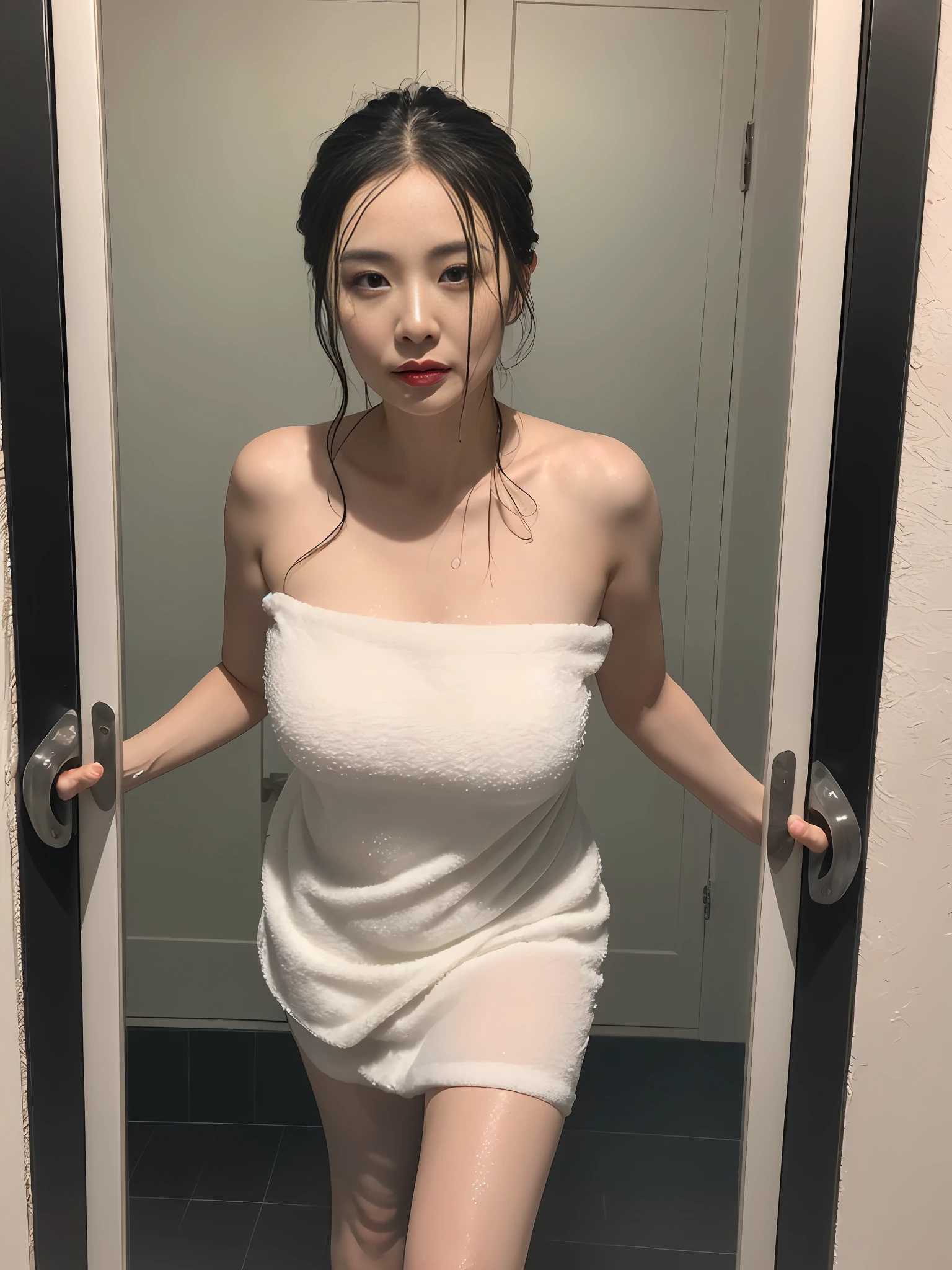 50 year old mature Chinese woman, chubby, gorgeous glamorous, flirtatious, hair was tied up on top ,wavy hair (( women just finished bathing and come out from bathroom, she stopped on the door, she was only wearing a towel, and with the wet water droplets on her body due to the water stains at the bottom of the legs.)) blushing shy expression, look for viewer,. realistic photography, best quality, photo-realistic 8k, (best quality:1.1), masterpiece, (realistic:1.1), photo-realistic