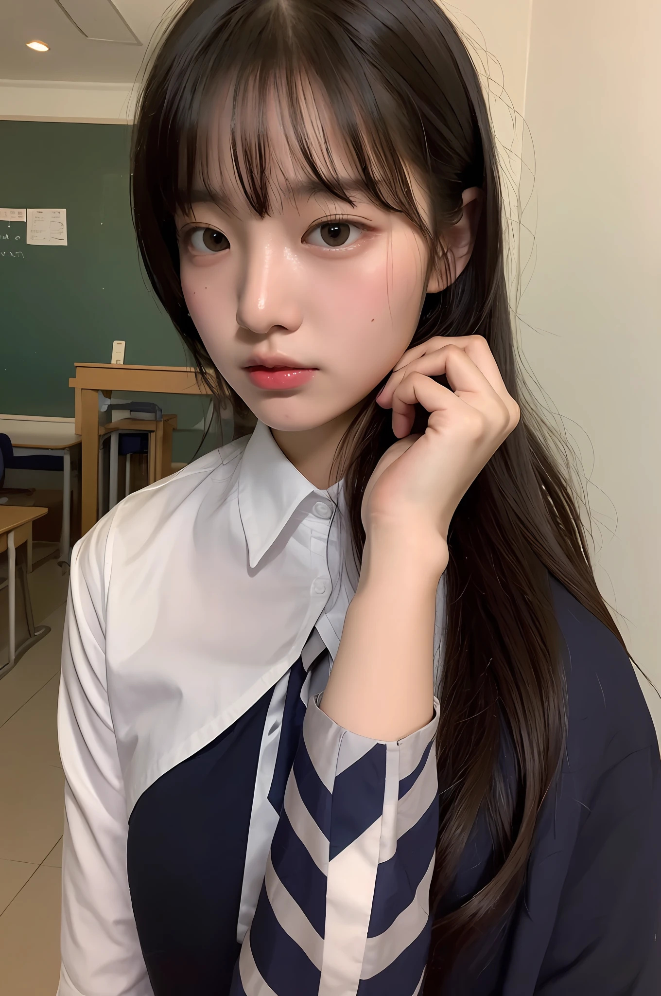 ((Best Quality, 8K, Masterpiece: 1.3)), 1 Girl, Schoolgirl, Uniform, Bangs, Slightly Sweaty, Big