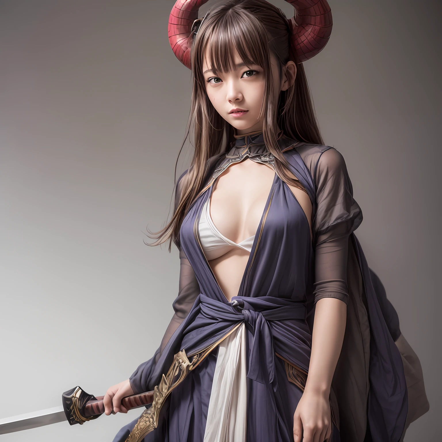 masterpiece,best quality,1 girl,portrait,white background,CG,ASK illustration on PIXIV,Dragon lady, dragon horns, dragon tail, samurai, katana, bandage wrapped chest,Slightly pinkish white skin