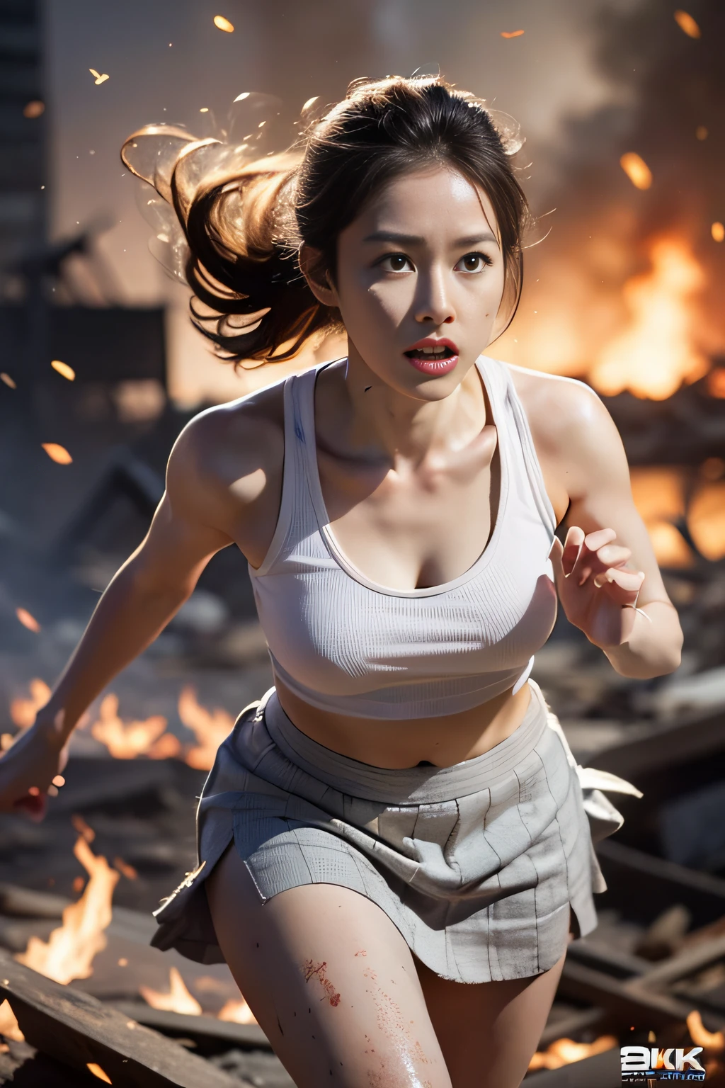 The heroine of the movie "GODZILLA Godzilla". A white woman desperately fleeing from Godzilla in a devastated Los Angeles, hair disheveled, tank top stained, skirt torn, running through rubble. Crumbling buildings, burning flames, white skin, smooth skin, stunningly beautiful face, detail, photorealistic, 8K.