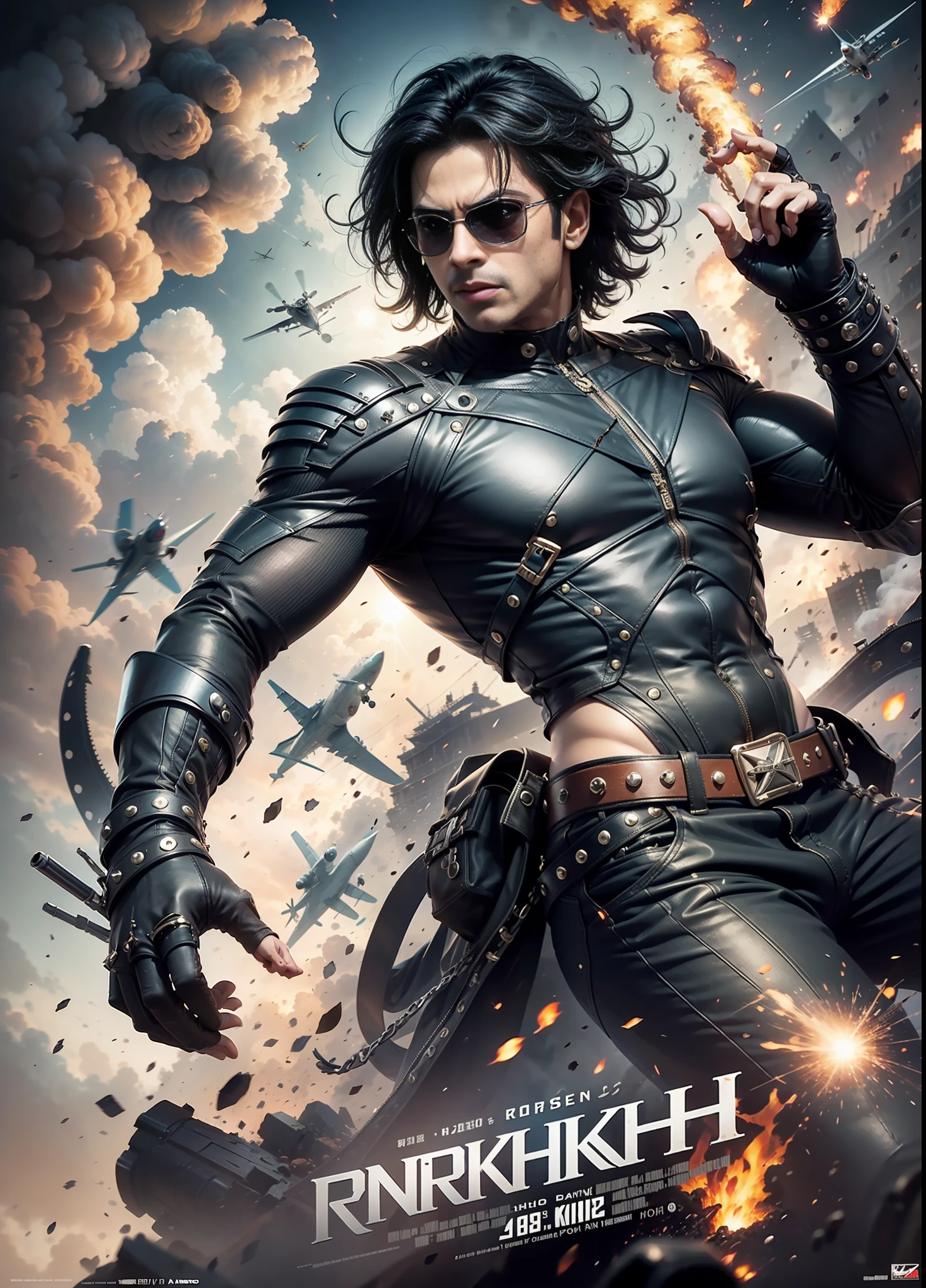 Movie poster krrish, sunglasses, rivets, explosions, guns, planes, one person, full body.